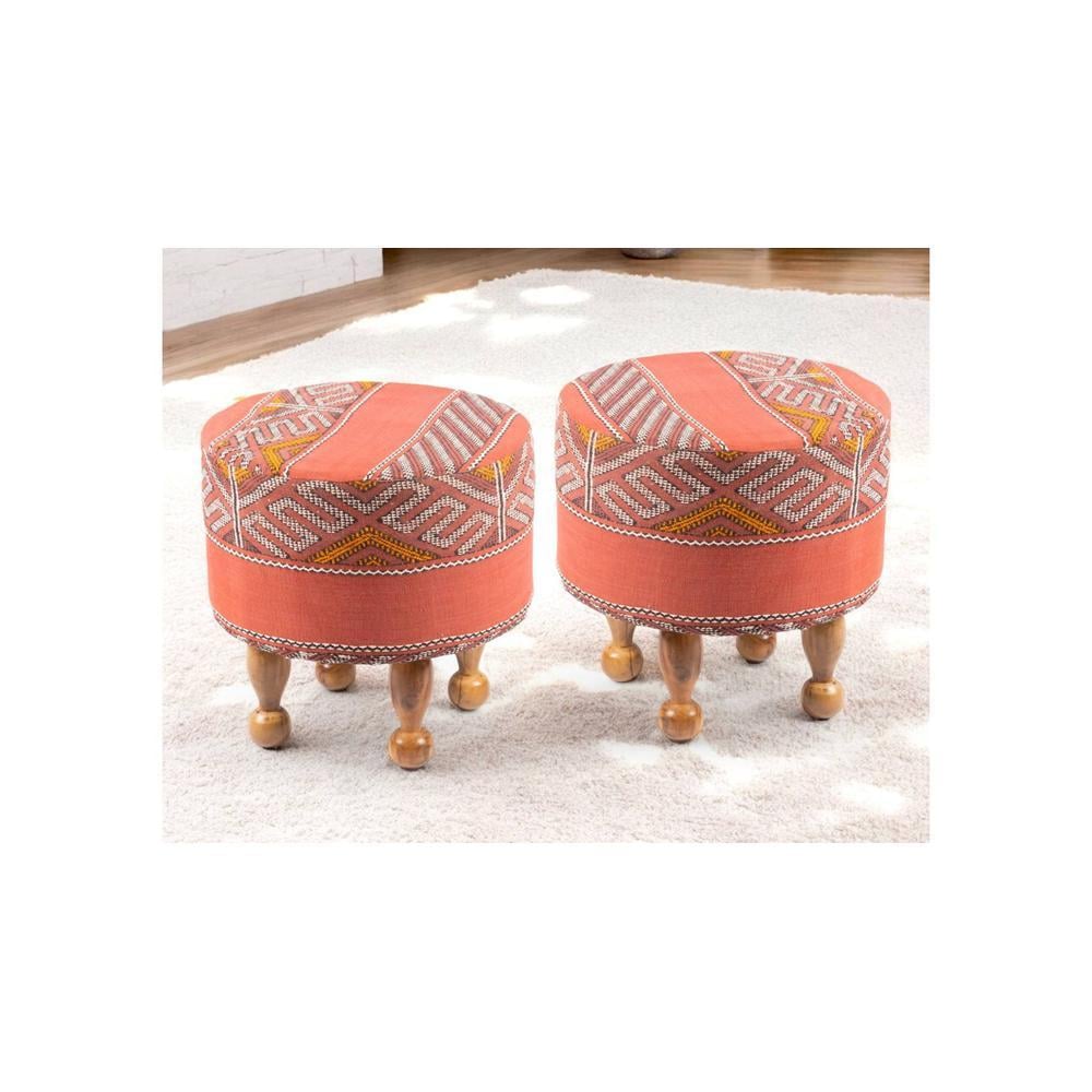 Louisville Acacia Wood Parisian Round Set of 2 Pouf Stools in Red Jacquard