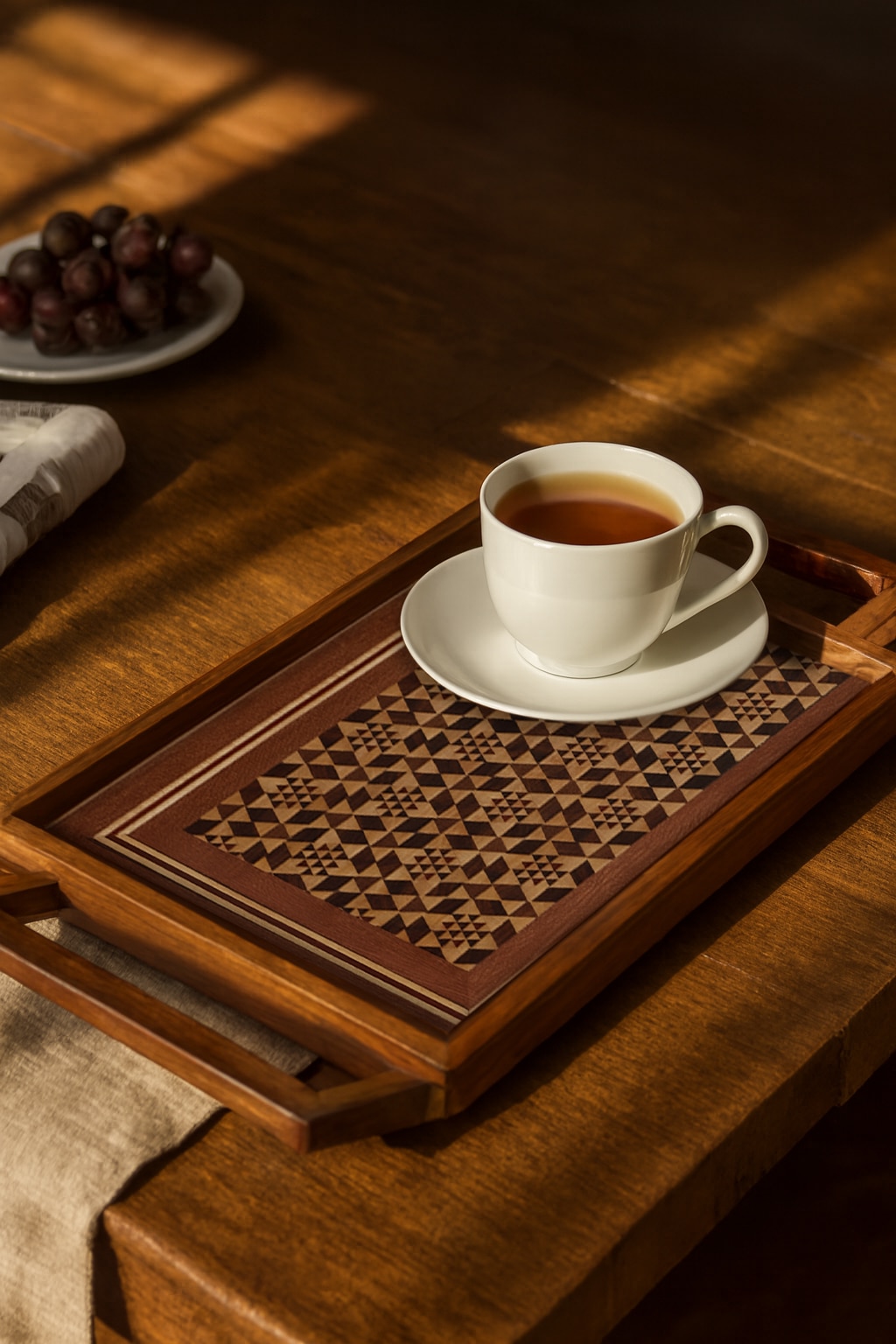 Lifestyle view of Marquetry Wood & MDF Serving Tray 16 x 7 Inches