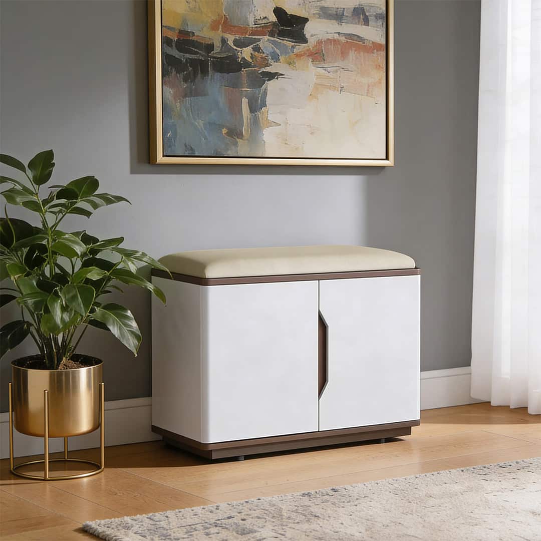 Baltoro Engineered Wood Shoe Rack with Seating in White Finish