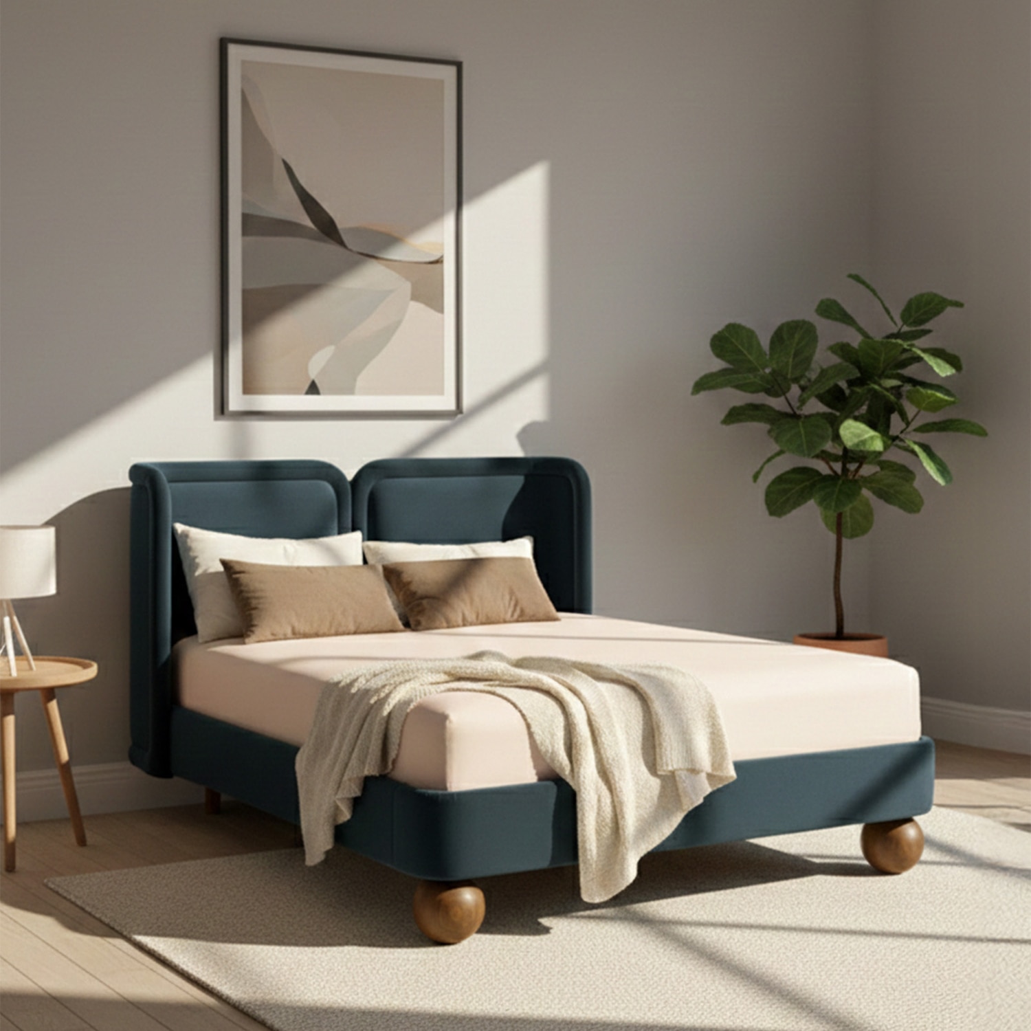 Nobella Opal King Size Bed in Grey Blue Velvet with Spherical Legs, Oak Wood Frame & Hydraulic Storage - Nestroots