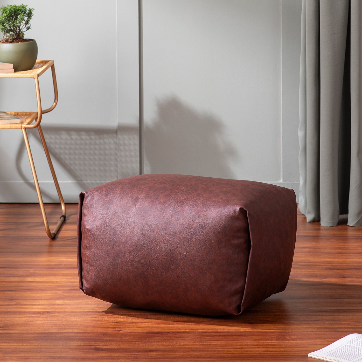 Cuboid Collection Brown Faux Leather Pouf Ottoman - Nestroots