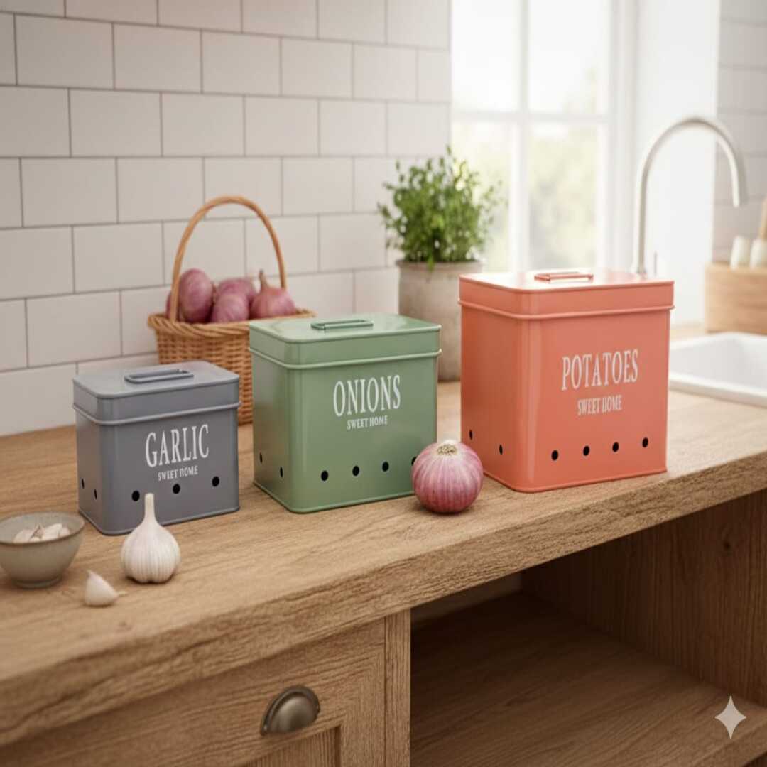 Galvanized Rectangular Metal Onion Potato Garlic Storage Container Set In Multicolor Colour