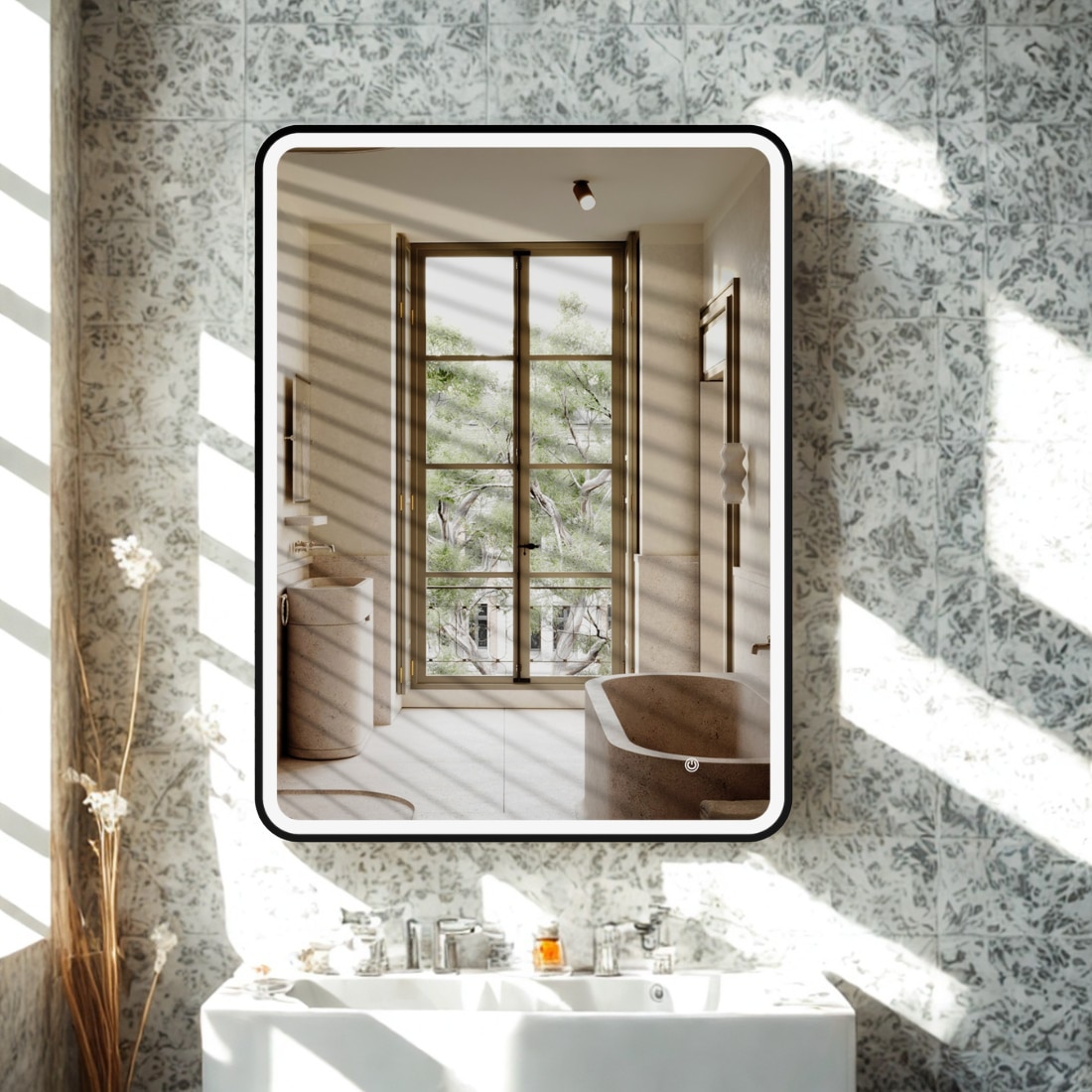 Modern Rectangular LED Mirror Black Stainless Steel Frame with Shelving