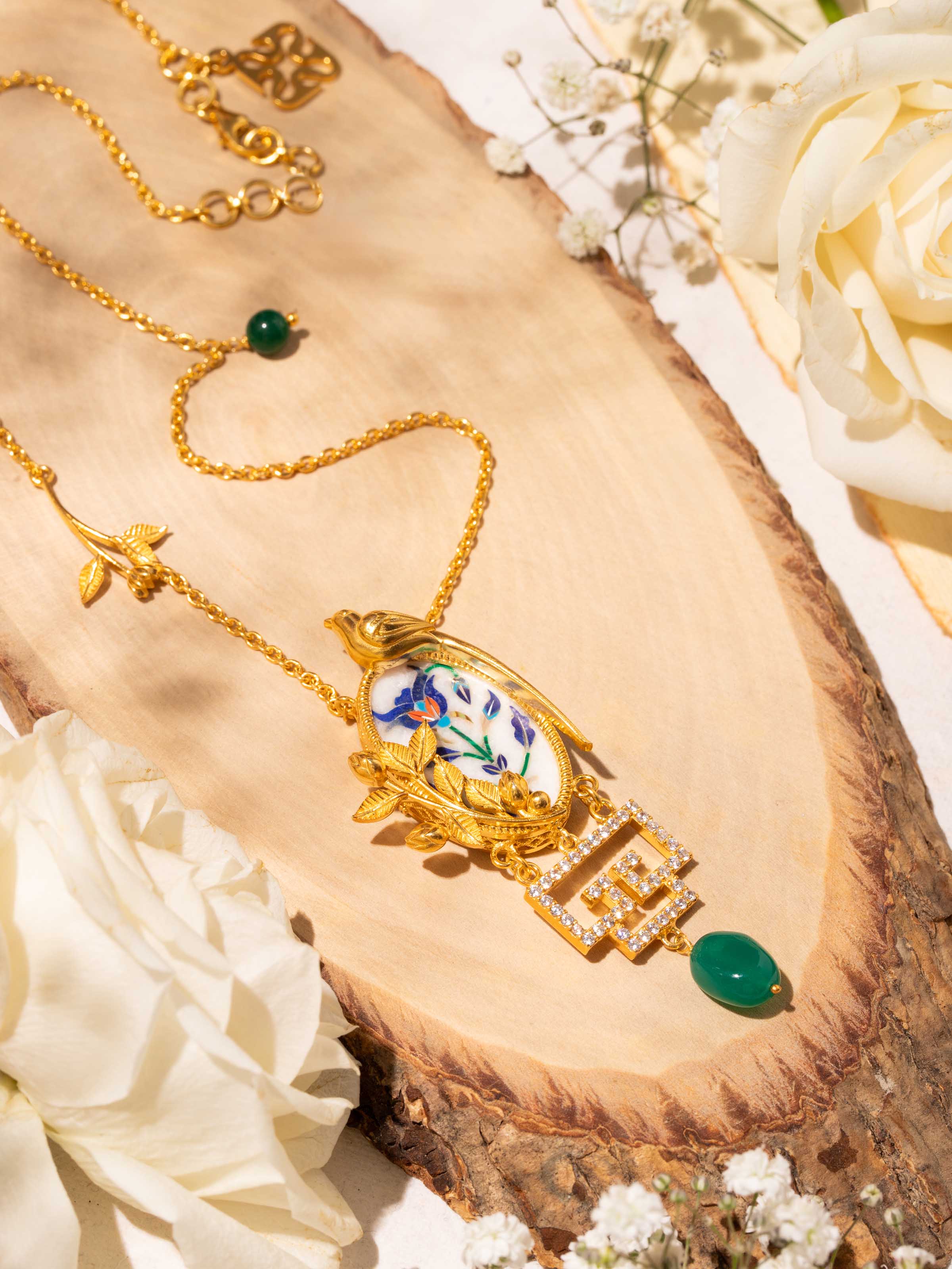 Angled shot focusing on pendant texture and structure