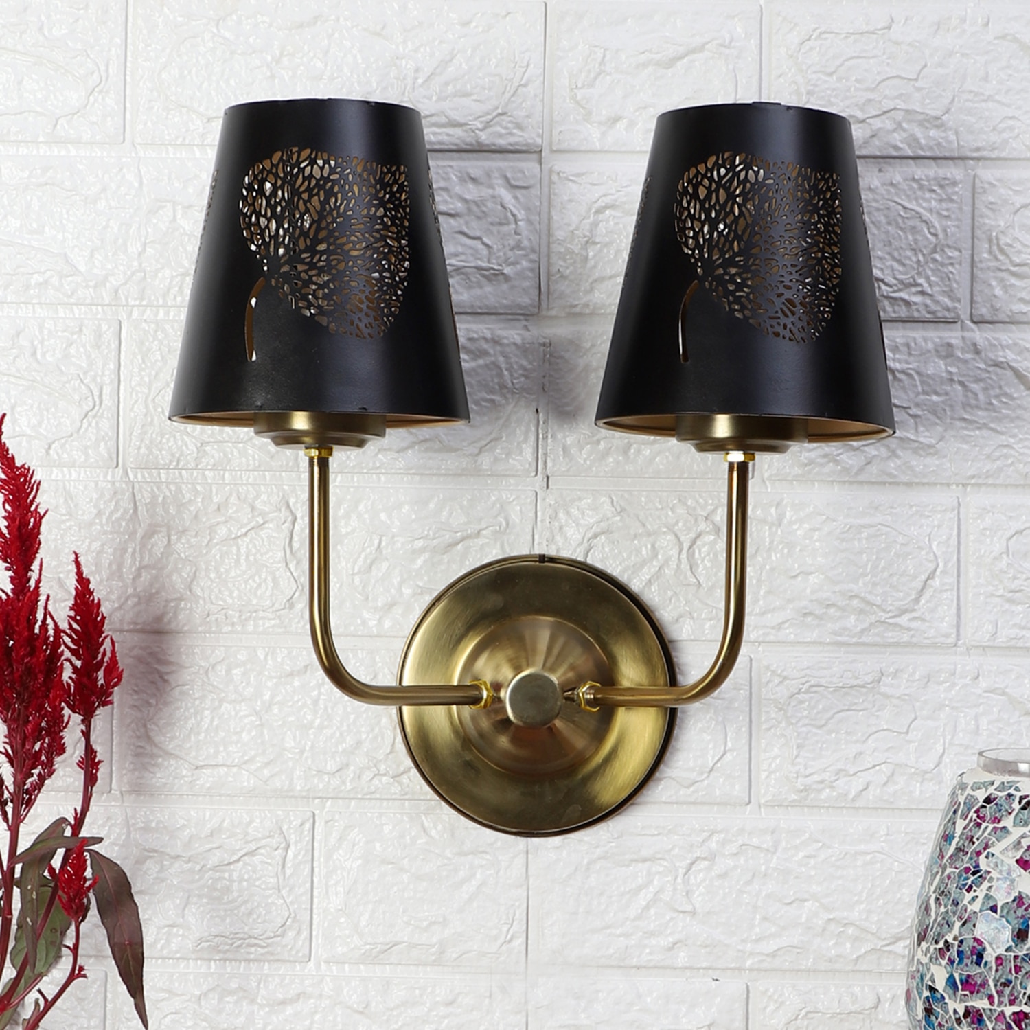 Devansh Metal Electric Wall Light in Gold Colour with Black Shade Count of 2 Lights - Devansh