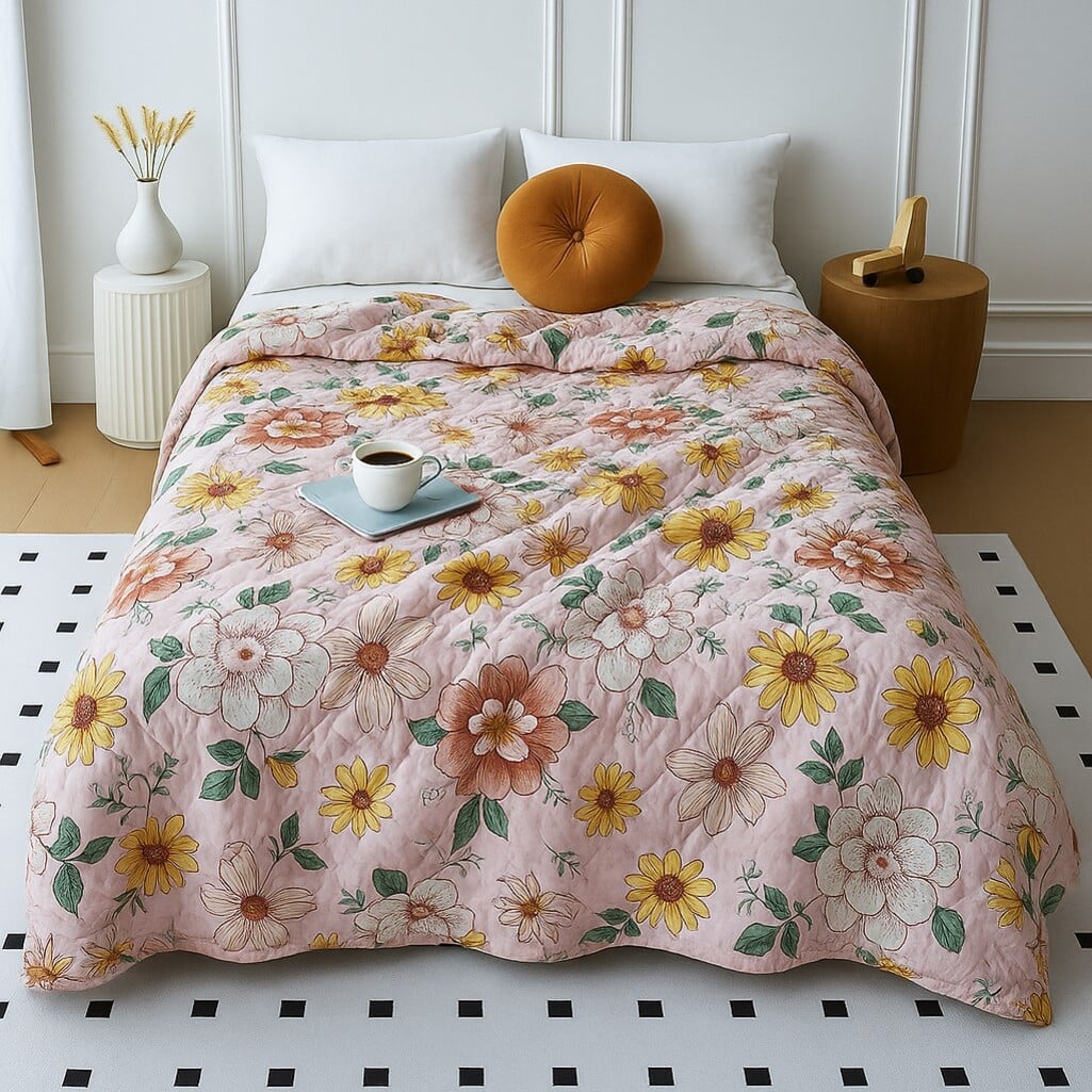 Pink Floral 300 Cms Cotton Double Bed Size Comforter From Threads