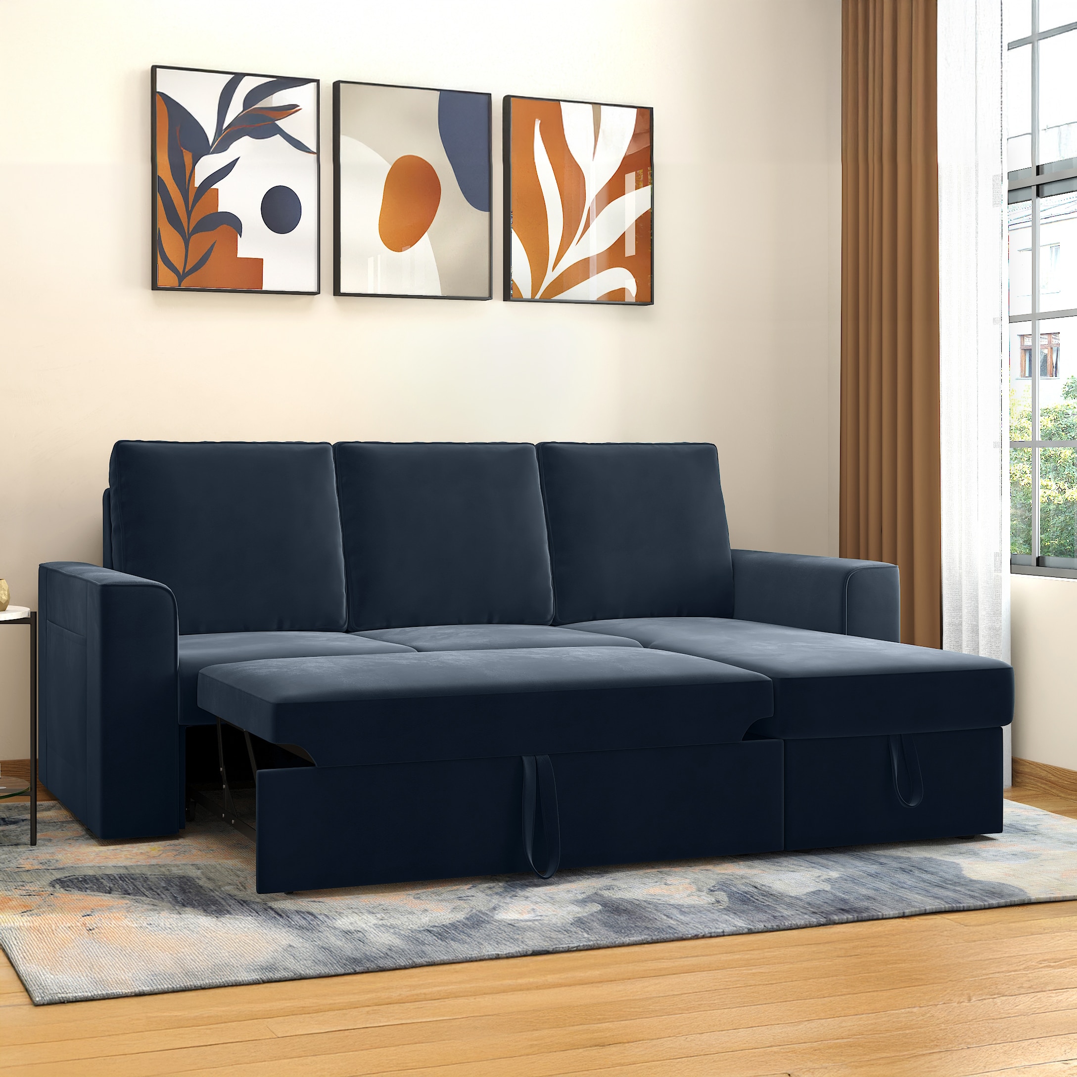 Kowloon Sectional Sofa Cum Bed with Storage in Indigo SeaPort Blue Velvet