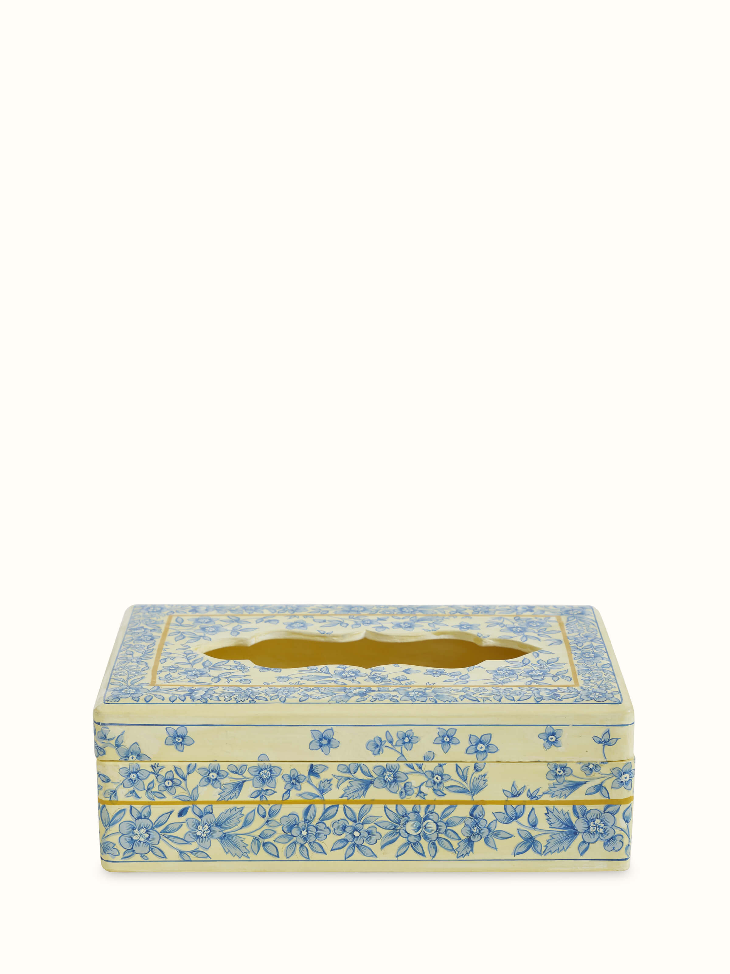 Front view of Papier-mache & Wood Tissue Box in white color from Swadesh displaying its elegant design and craftsmanship