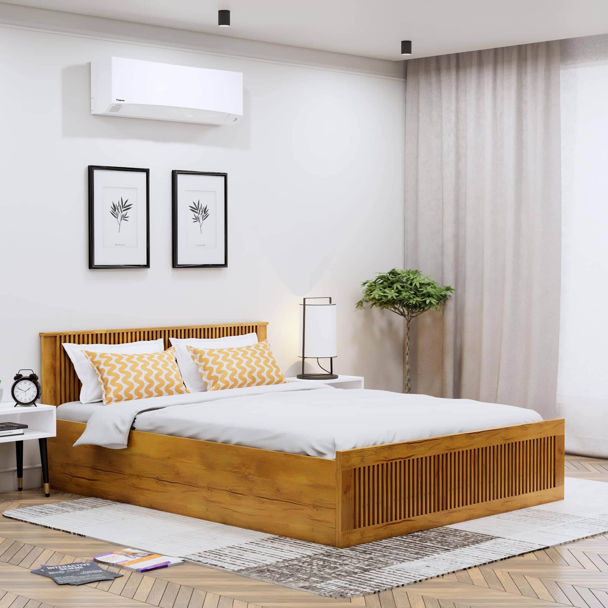 Hexa Engineered Wood Modern Queen Bed With Headboard With Storage In Giant Wood - HexaRed