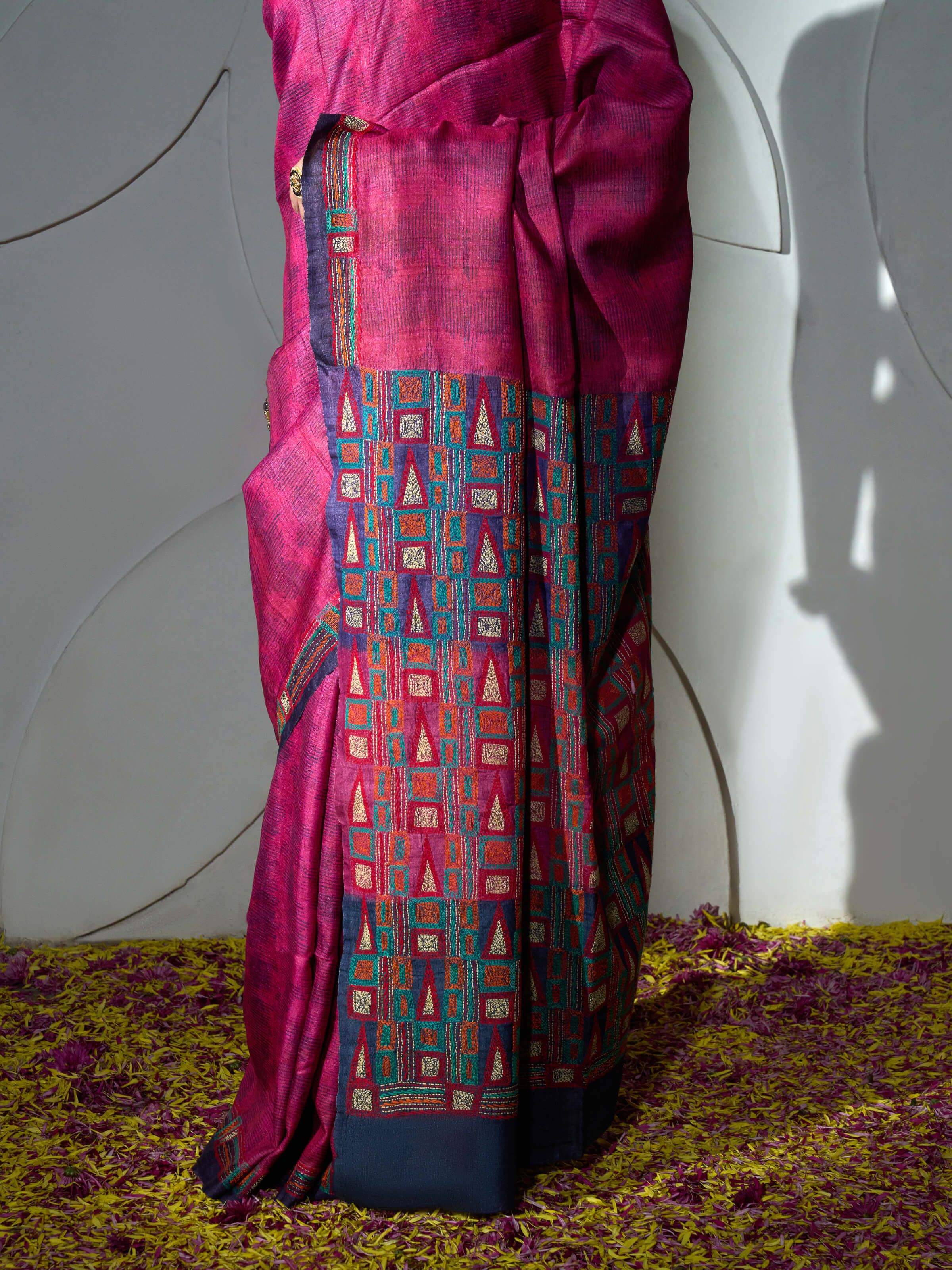 Magenta Tussar Silk Discharge Block Printed Kantha Embroidered Saree