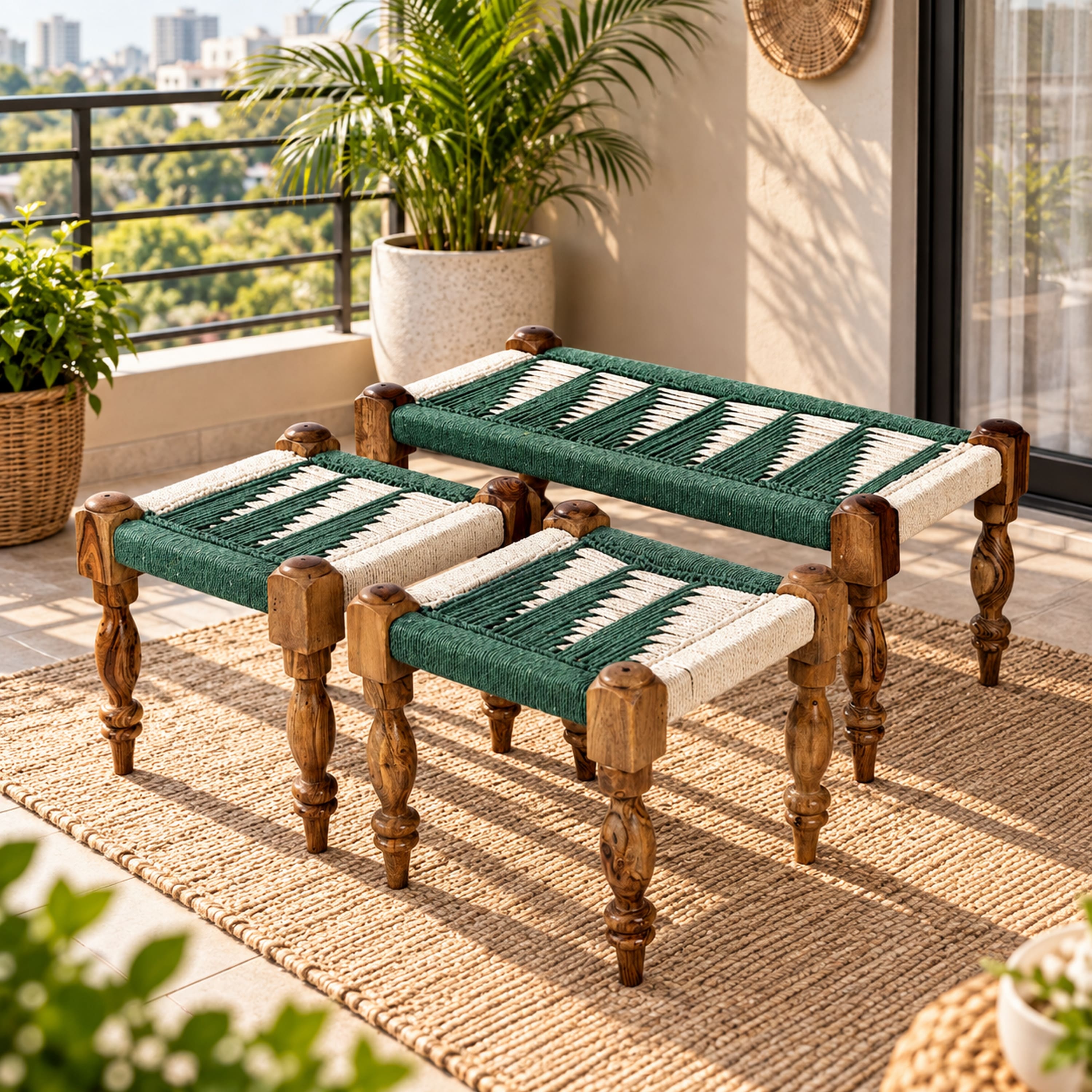 Oakville Sheesham Wood Vintage 2 Seater Maachi Balcony Bench with 2 Stools in Green and White