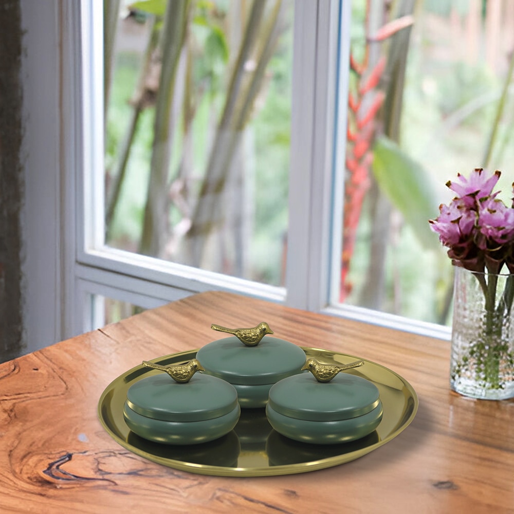 Metalsmith Metal Serveware Box Set of 4 with Tray Green Finish - Metalsmith