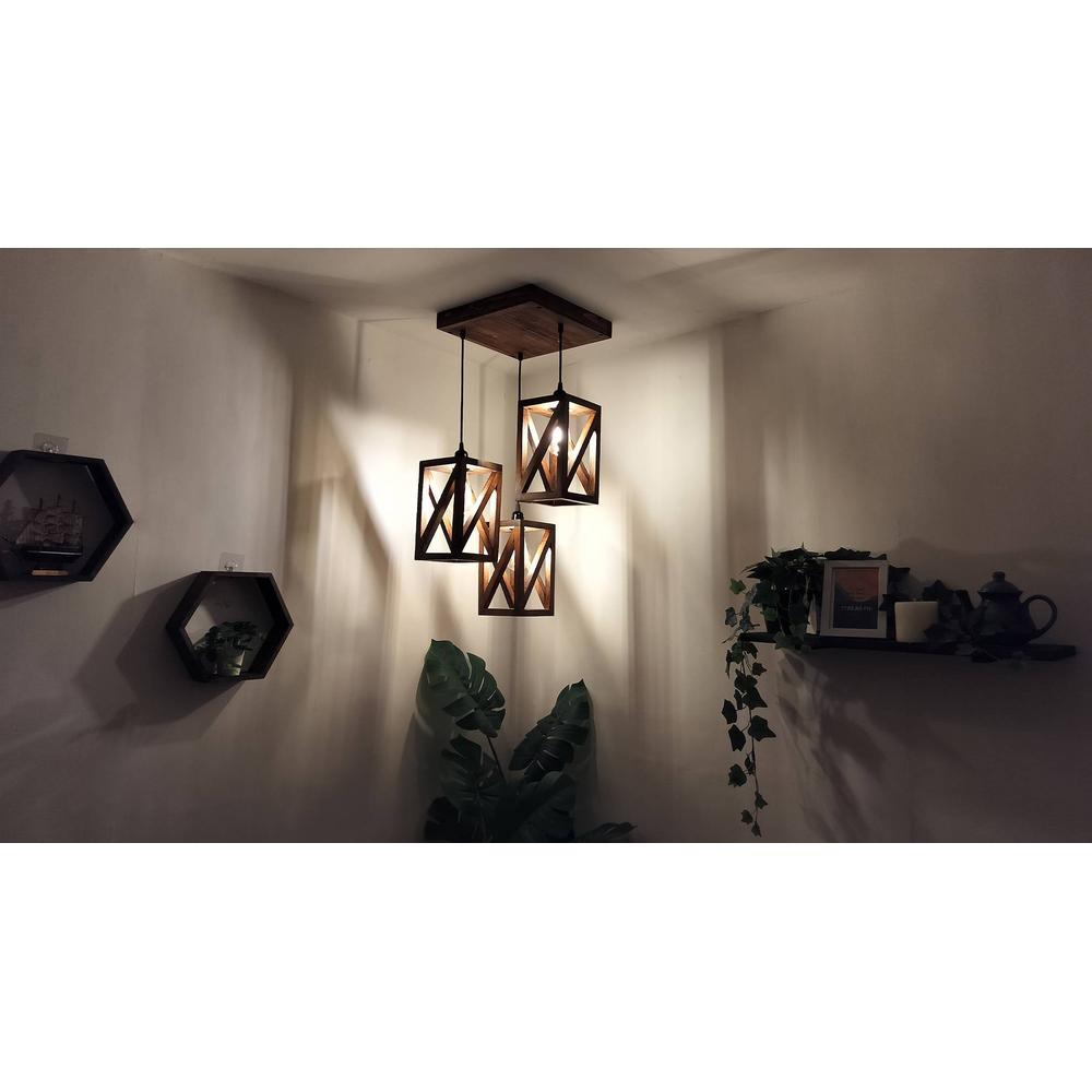 Symmetric Brown Solid Wood Cluster Hanging Light