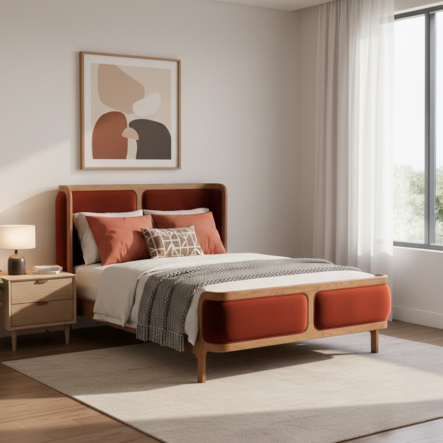 Valerio Duo-Panel Luxe Queen Size Bed in Velvet Rust colour with Oak wood Frame - Nestroots