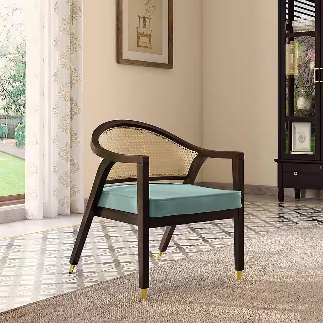 Hayworth Lounge Chair in American Walnut Finish and Dusty Turquoise Velvet Colour