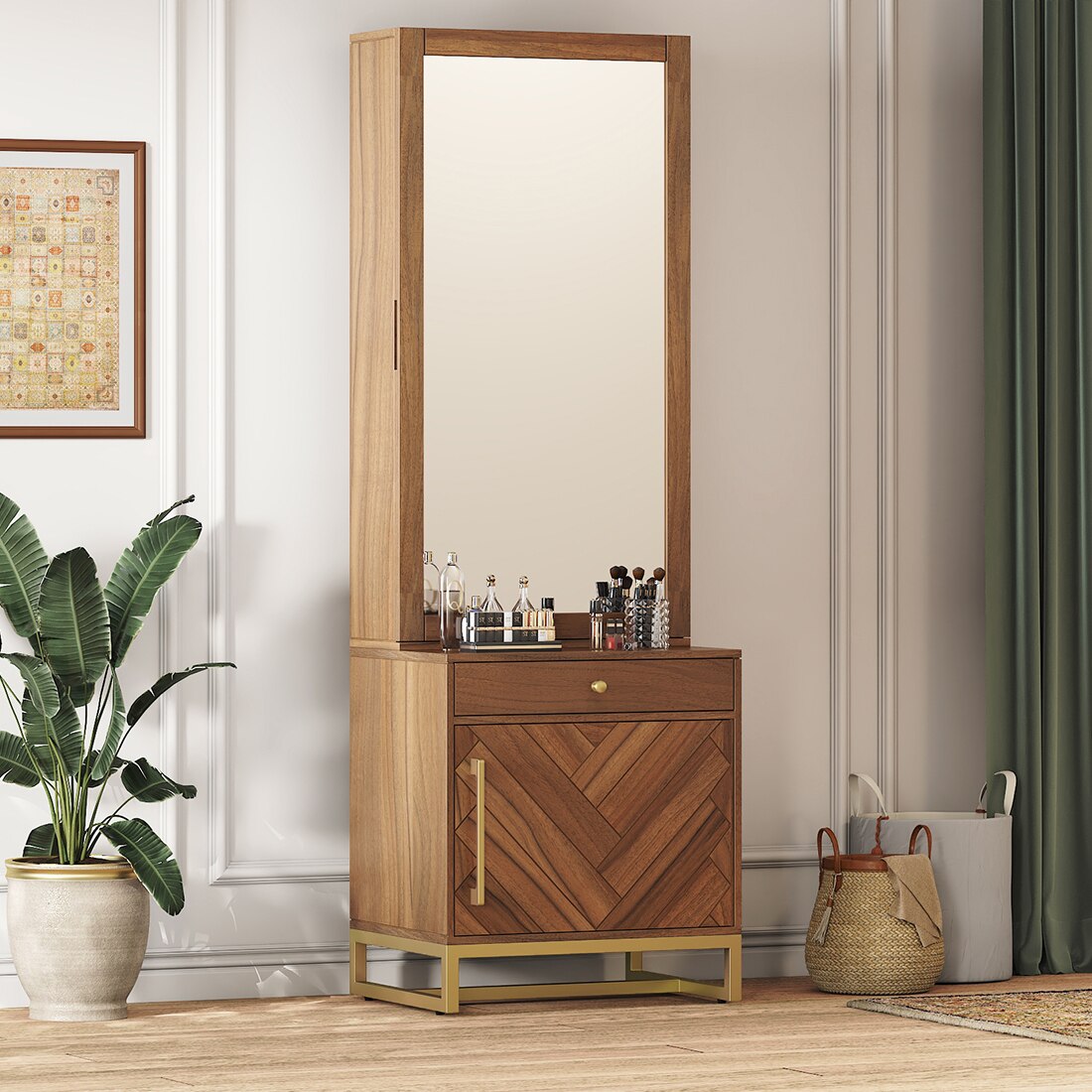 Nina Dressing Table with Storage Drawer in Amber Walnut Finish