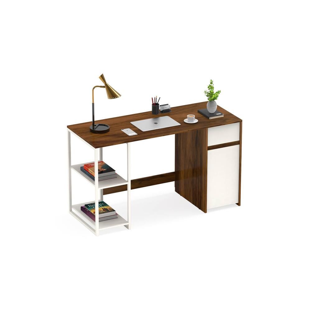 Corbyn Engineered Wood Study and Computer Laptop Table for Home or Office, WFH Desk, with Drawer Shelves Storage for Books and Décor Display for Adults Kids Students (Brown Maple & White)