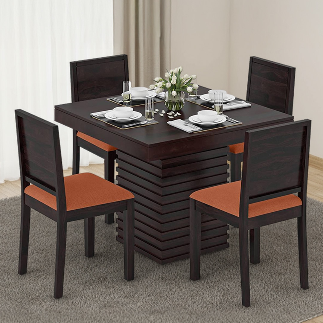 Julian 4 Seater Dining Table With Set Of 4 Oribi Upholstered Dining Chairs (Colour- Burnt Orange, Finish- Mahogany)