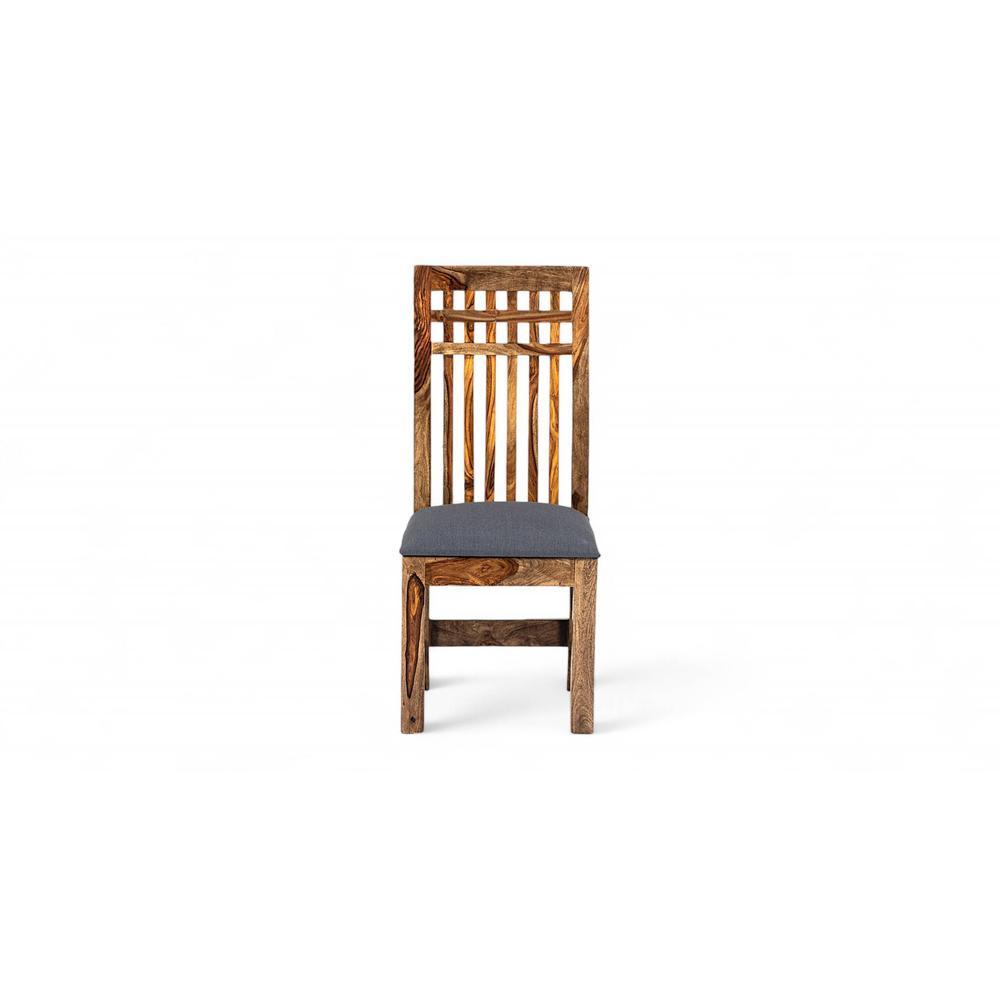 Columbus wood Set of 2 Dining Chairs in Anchor Grey Fabric Cushioning with TEAK FINISH