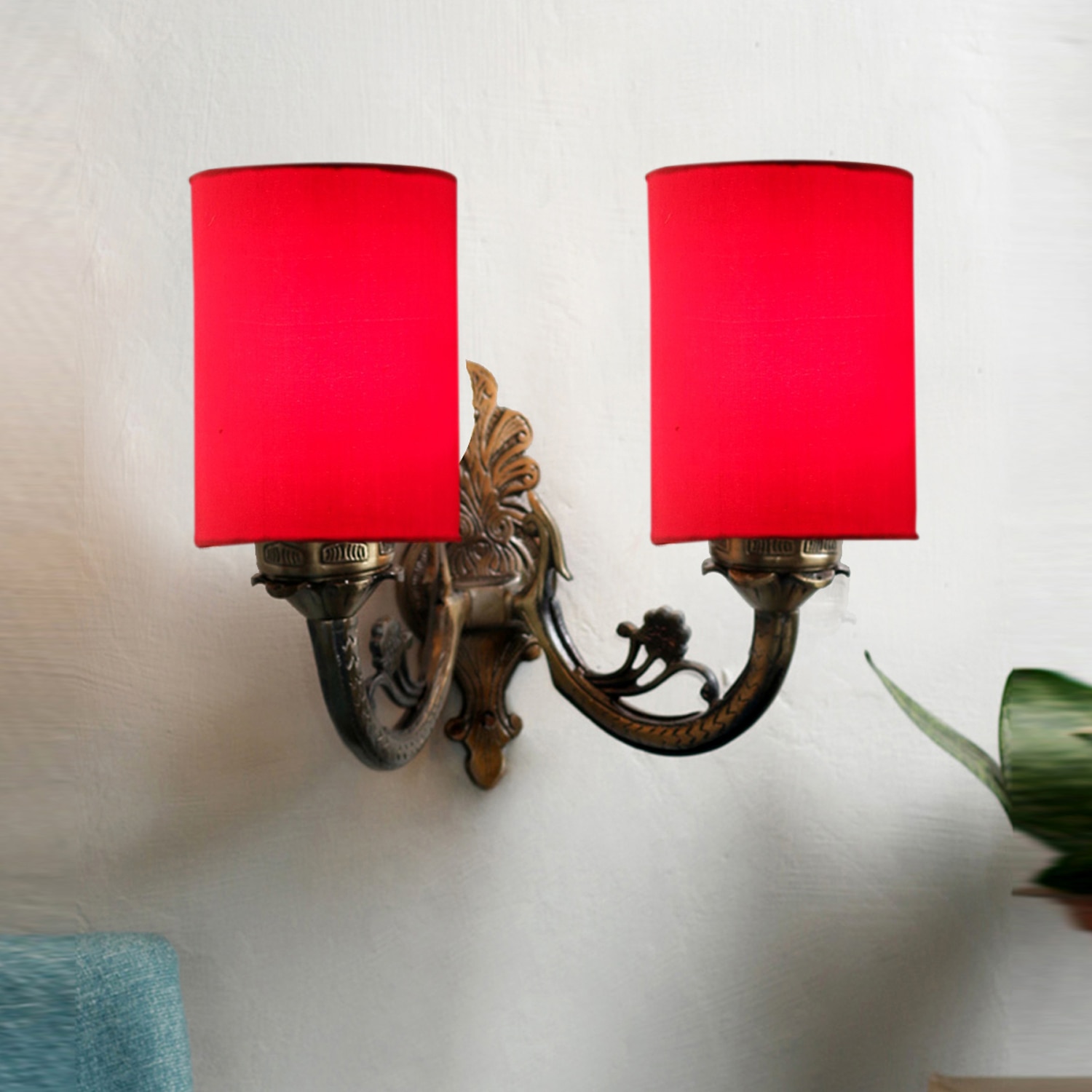 Devansh Metal Electric Wall Light in Antique Gold Colour with Red Shade Count of 2 Lights - Devansh