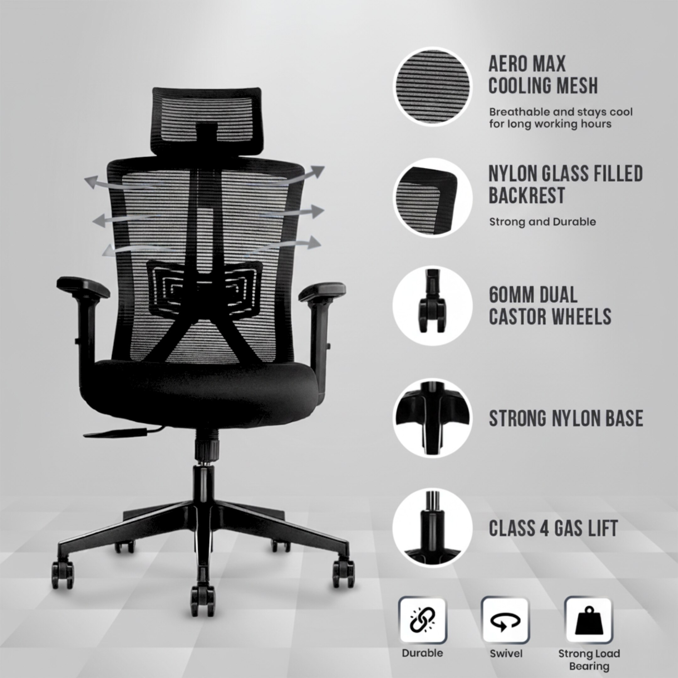 Regalia High Back Mesh Office Chair with Headrest in Black Colour