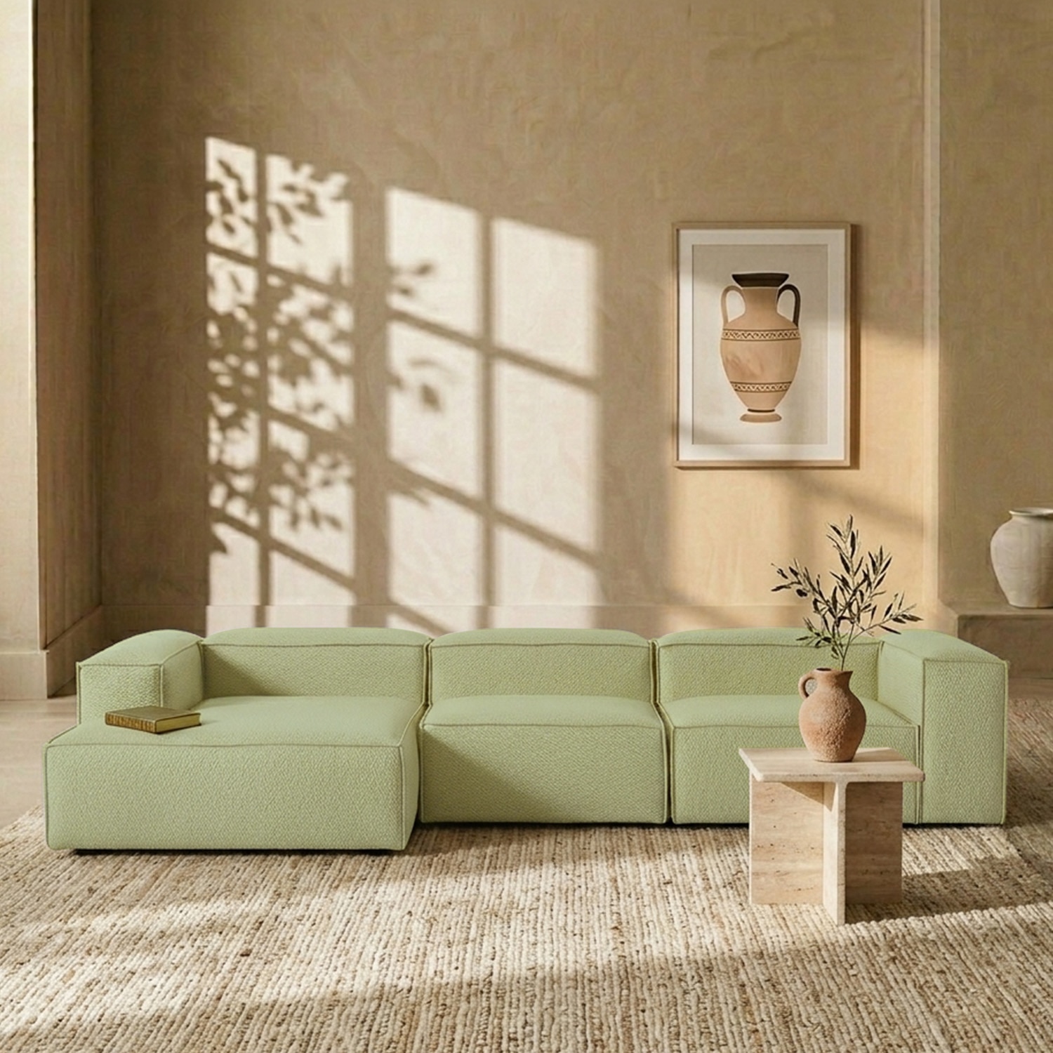 Elegantedge Wood Right Aligned 3-Seater With Upholstery Non Storage Sofa In Green Colour