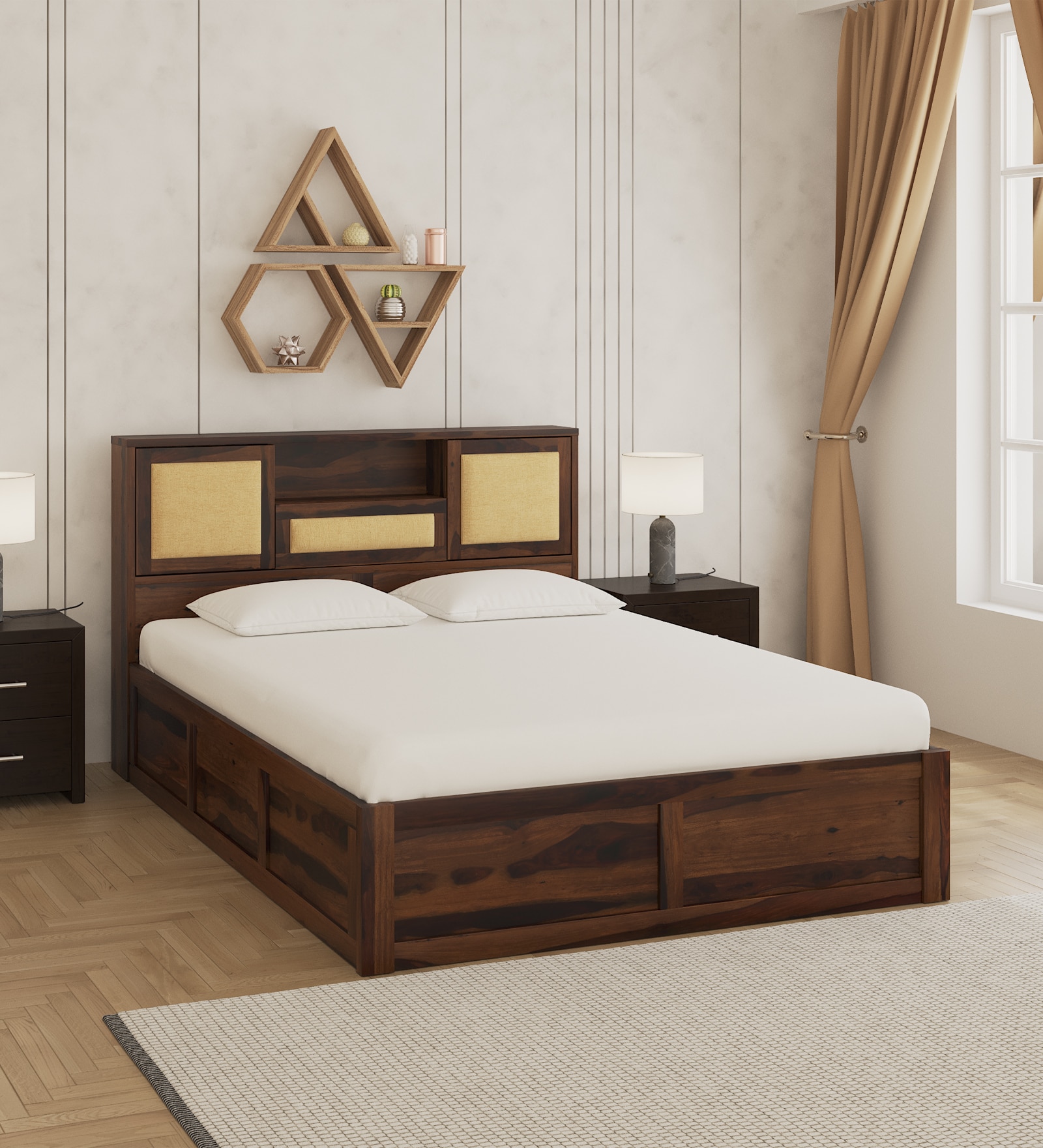 Kambry Solid Wood King  Size Upholstered Bed With Box Storage (Provincial Teak Finish)