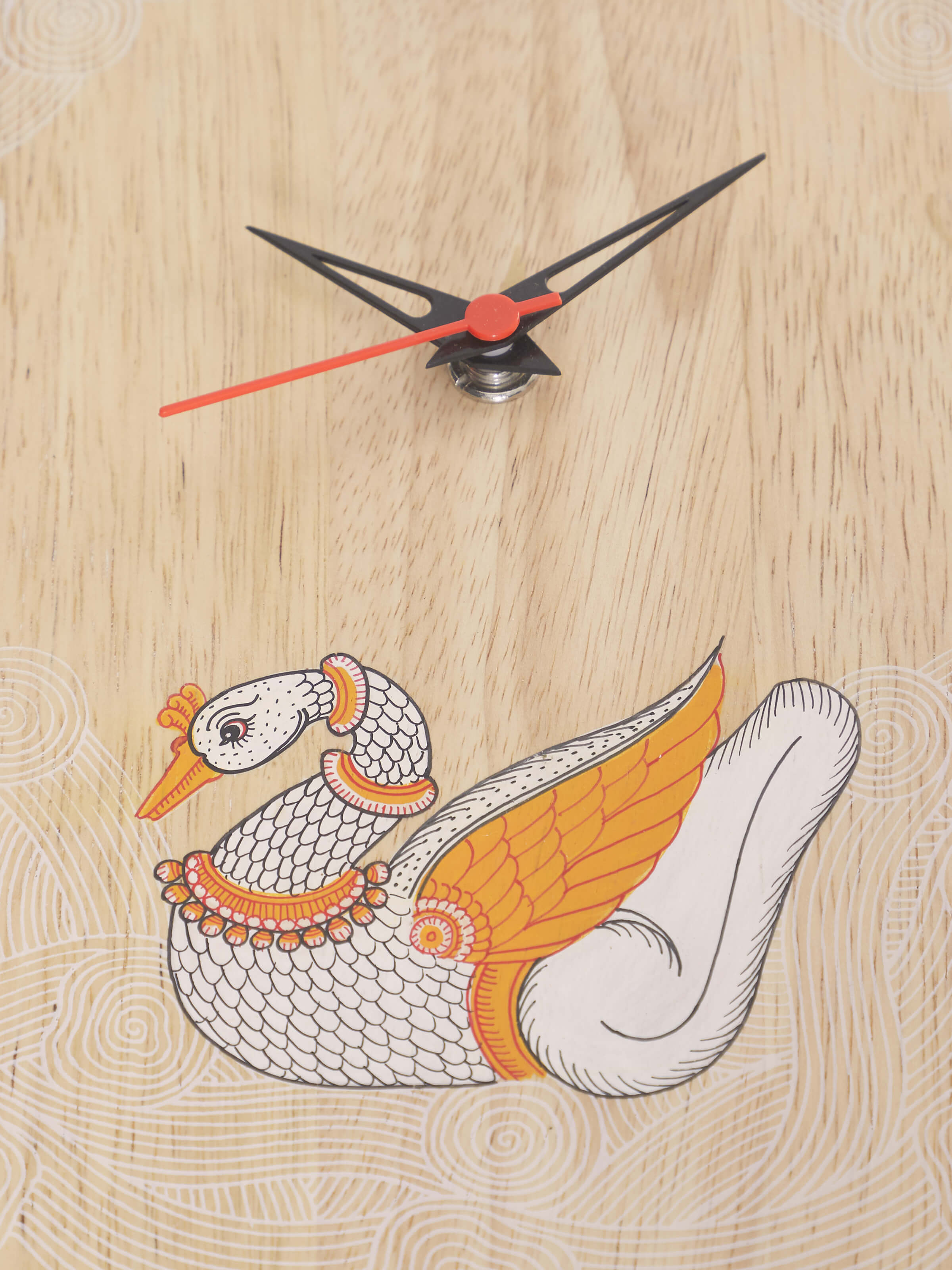 Detailed view of Transitional Pattachitra Dancing Swan Wooden Wall Clock showing the intricate Pattachitra painting.