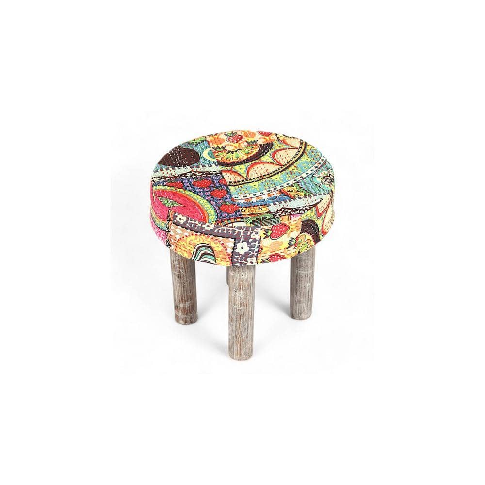 Kingsville Solid Wood Stool in Multi Colour Israel Print Kantha fabric