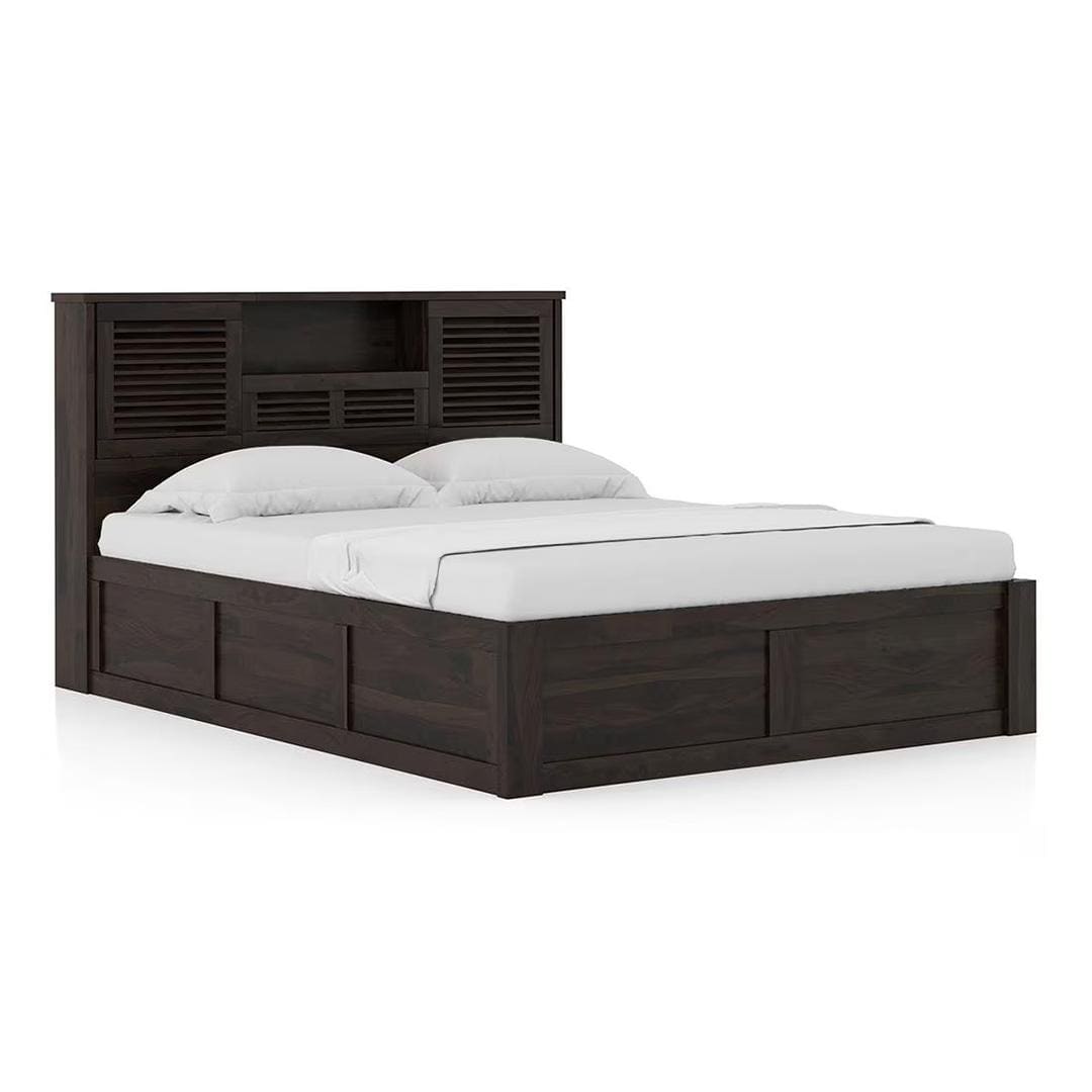 Cambry King Size Hydraulic Storage Bed With Headboard Storage In American Walnut Finish