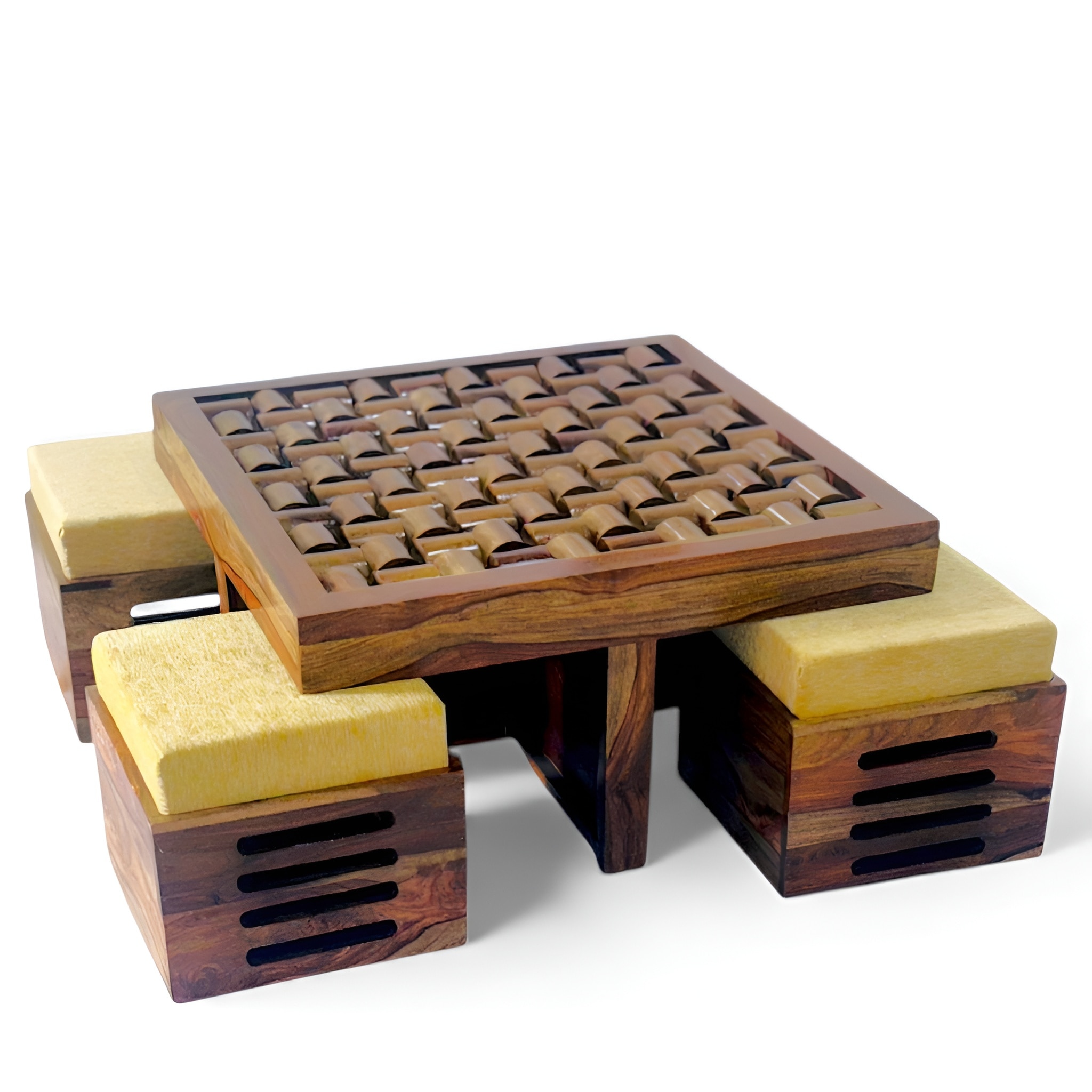 Nirva Sheesham Wood Accent Coffee Table Set With 4 Stools In Teak Finish With Beige Mossy Fabric Cushions