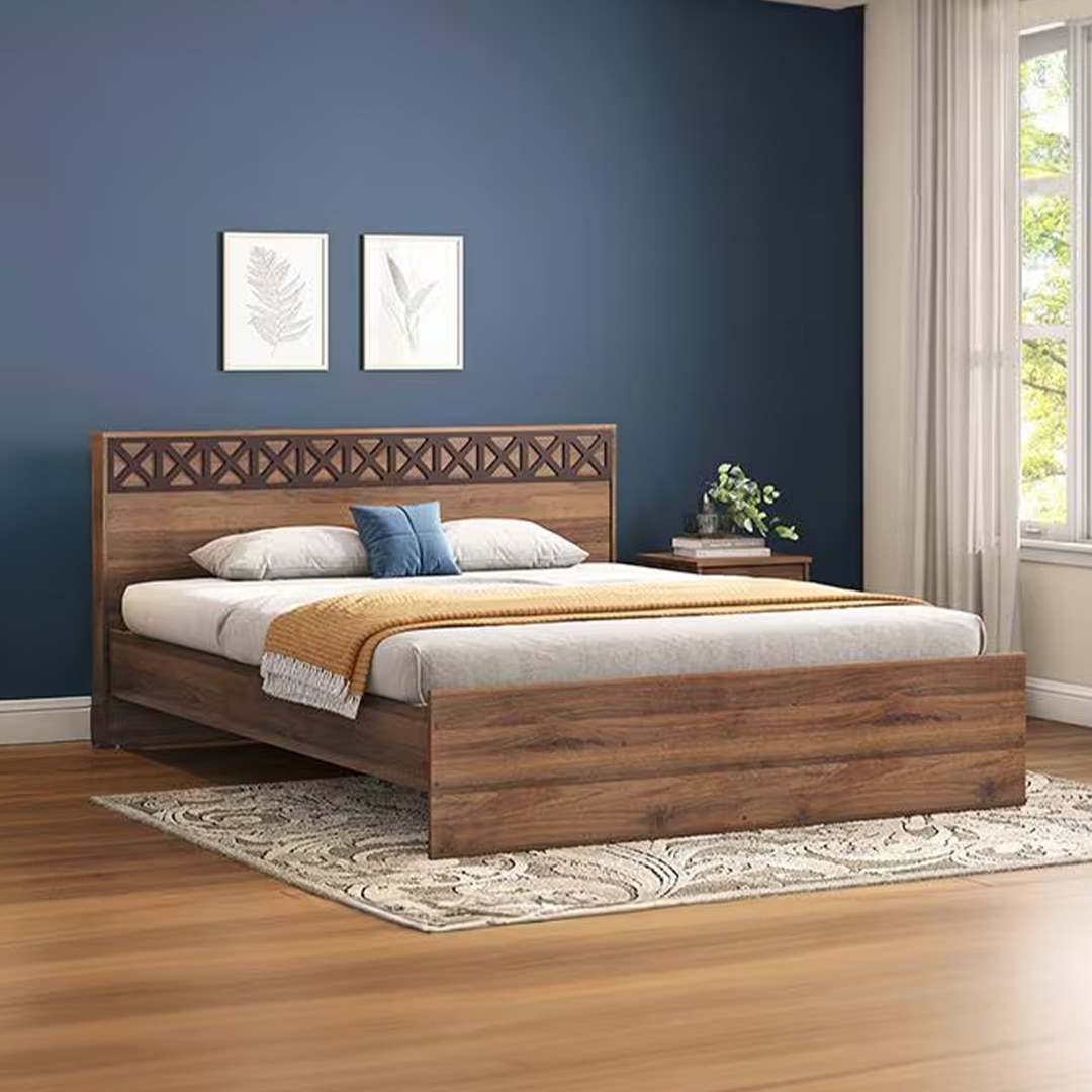 Macy Engineered Wood Queen Size Non Storage Bed In Classic Walnut Finish