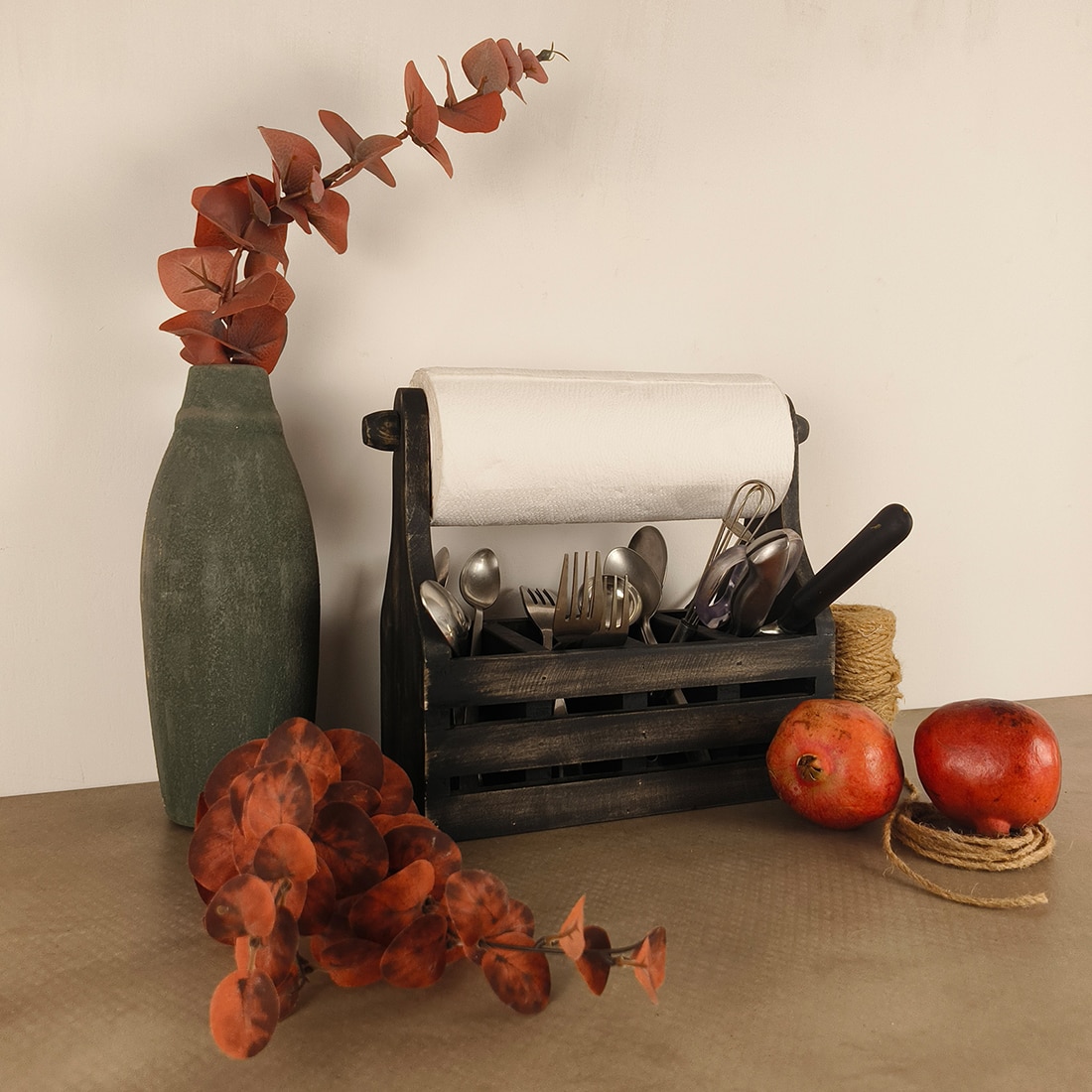 Audrey Wooden Kitchen Roll Holder And Cutlery Holder