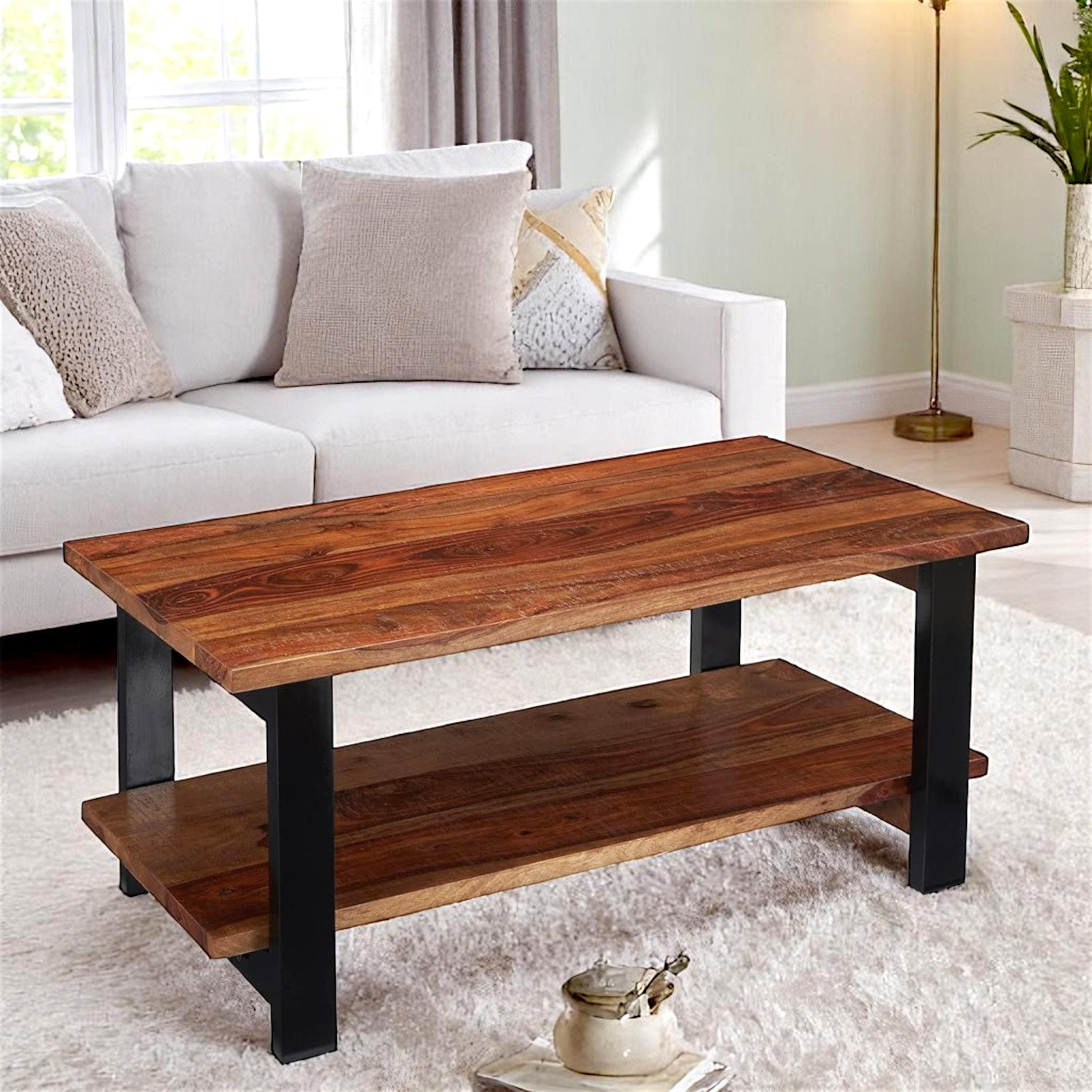 Aroda Sheesham Wood Contemporary Rectangle Coffee Table In Natural Teak Finish