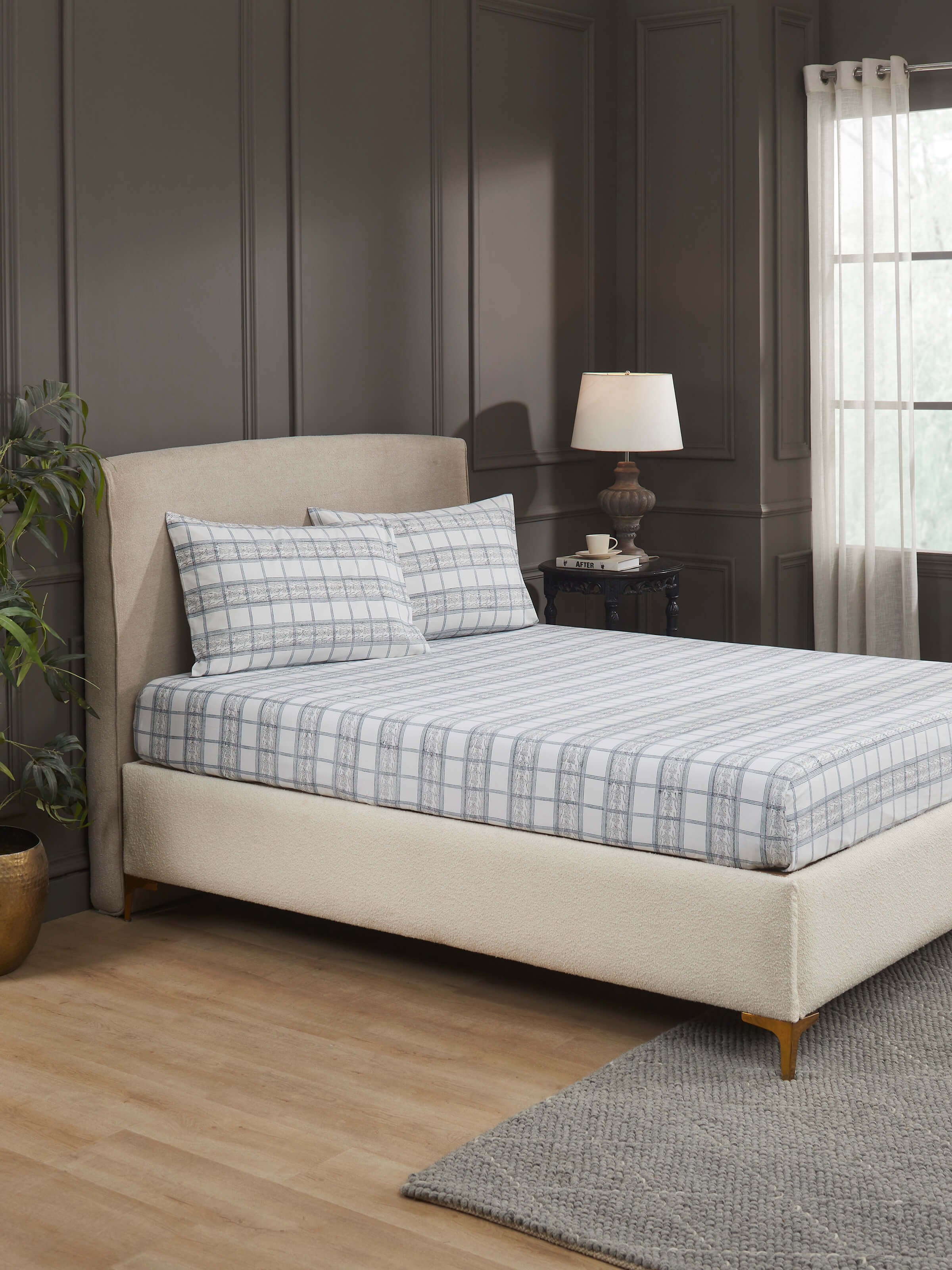 Orion Cotton Sanganeri Hand Block Print Checks King-size Bedsheet Set