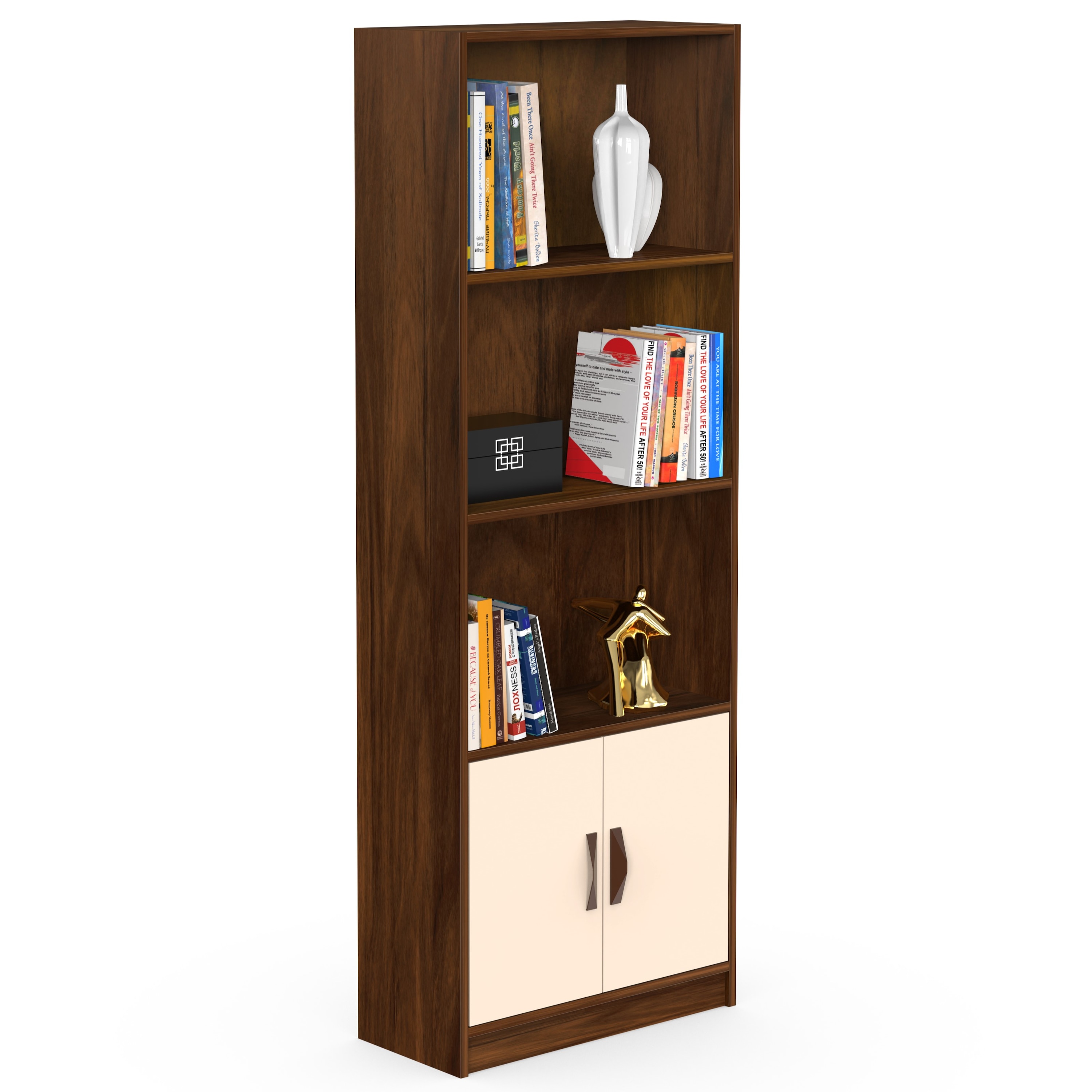 BLUEWUD Seonn Bookshelf Crockery Storage Cabinet, Book Rack Organizer with Shelves for D�cor Display & 2 Doors, Storage Unit for Office Library Home & Kitchen (Brown Maple & Beige, Without Drawer)