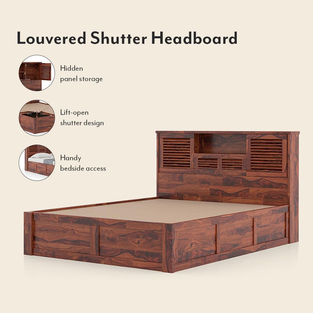 Cambry Queen Size Box Storage Bed With Headboard Storage In Honey Finish