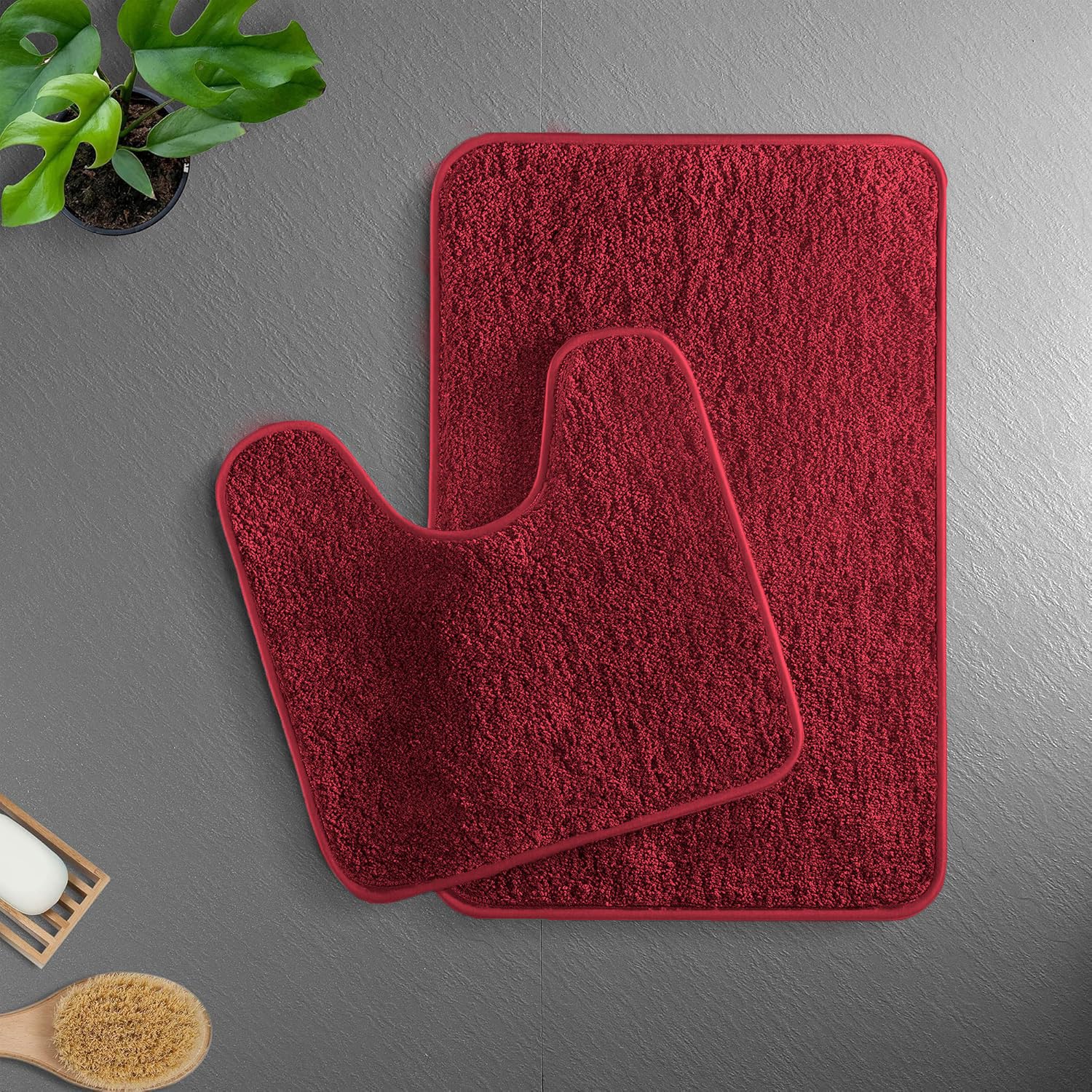 Luxe Home Polyester Newman Contour Bath Mat Set of 2 (Maroon 45x75 cm & 40x45)