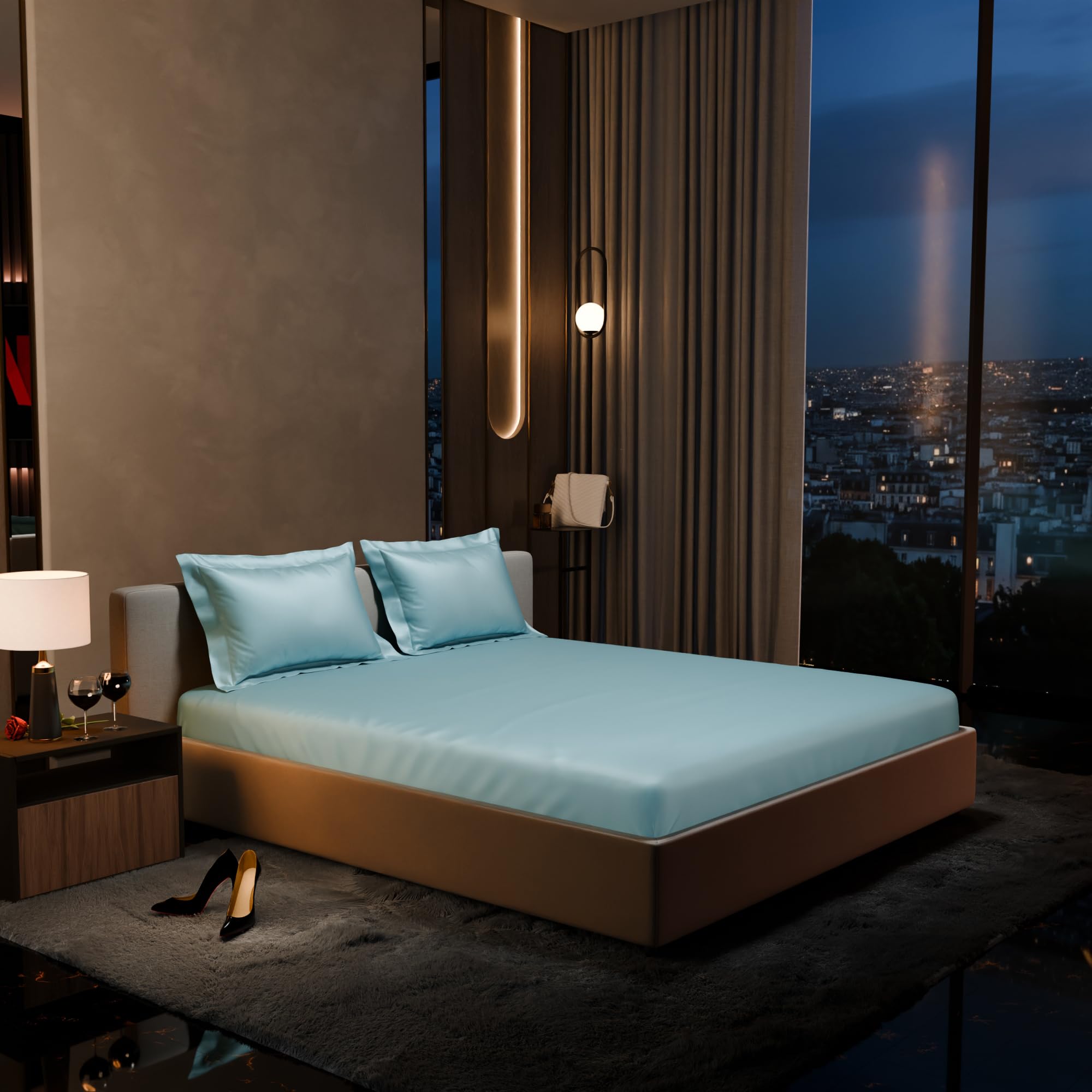Stoa Paris 300TC UltrSatin Super King Bedsheet Set Satin Super Dreamy Blue - Stoa Paris