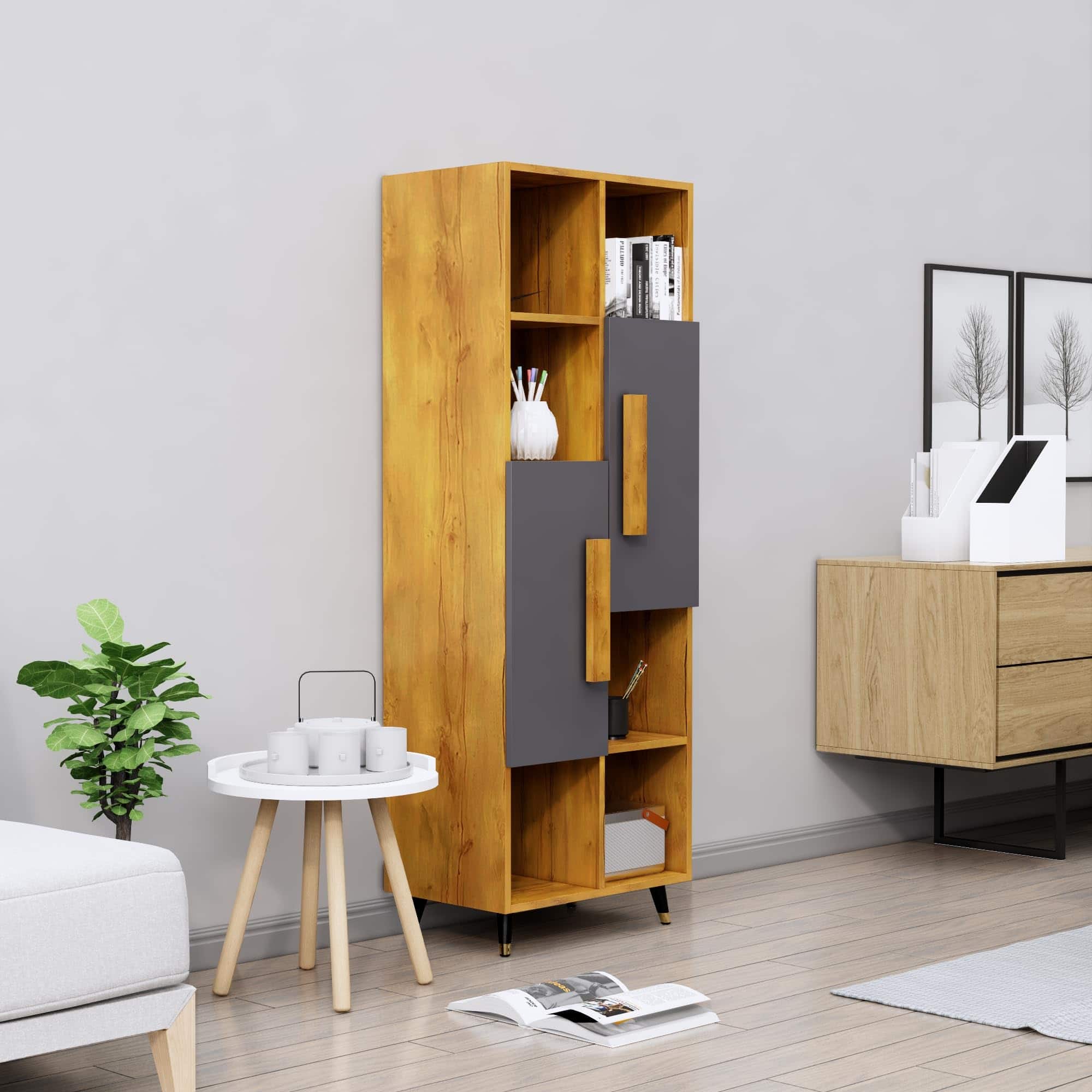 Hexa Engineered Wood Bookshelf Multipurpose Storage Rack in Giant Wood and Slate Grey Colour - HexaRed