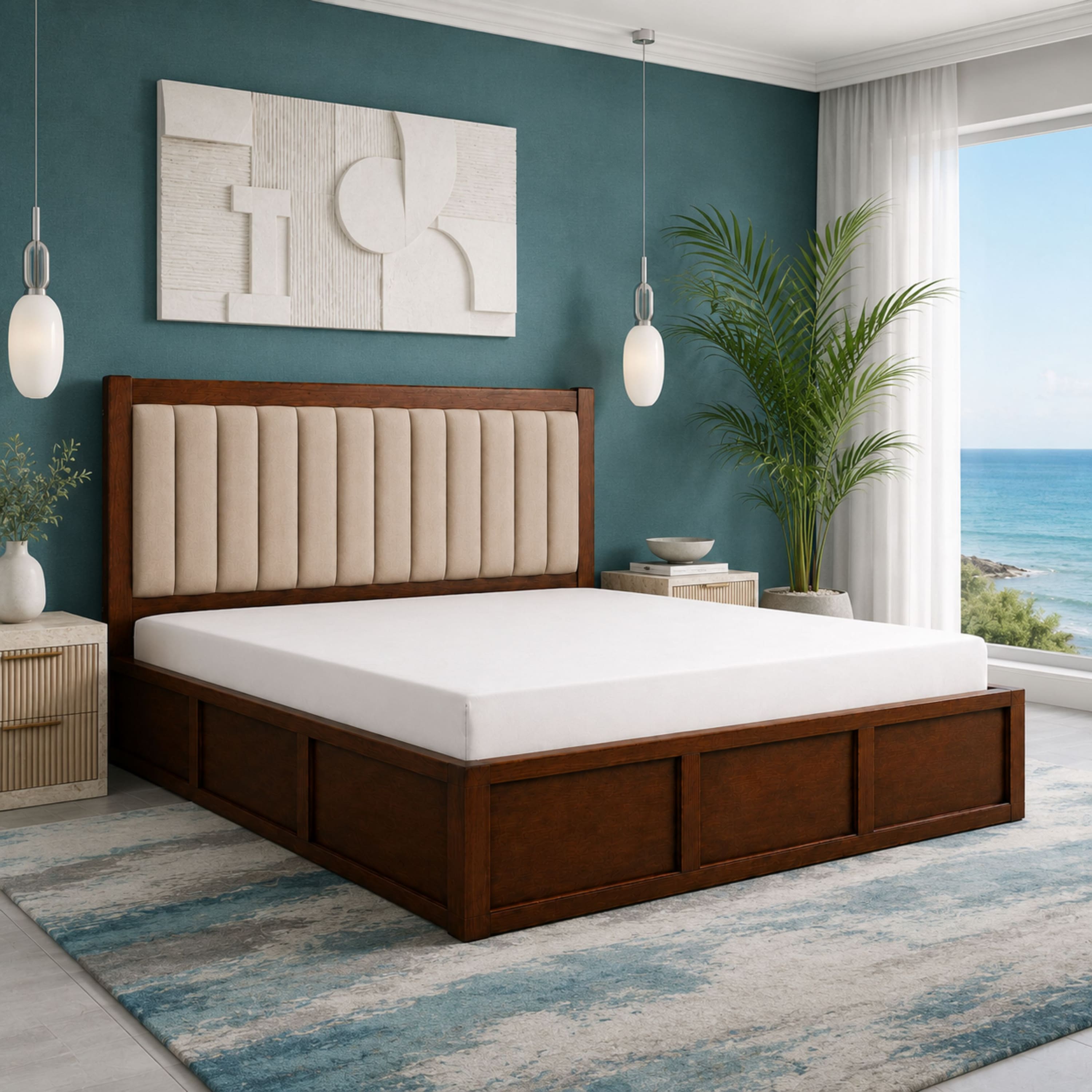 Tarang Solid Wood Compact King Bed Box Storage Provincial Teak Finish Mattress 72 x 72 Inches - Globally Indian