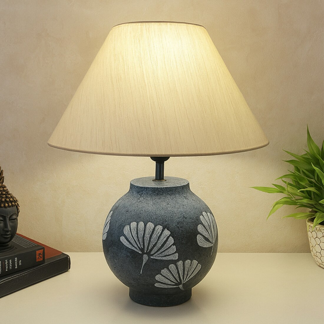 Grey Stone Finish Handpainted And Hancarved Distress Wooden Table Lamp