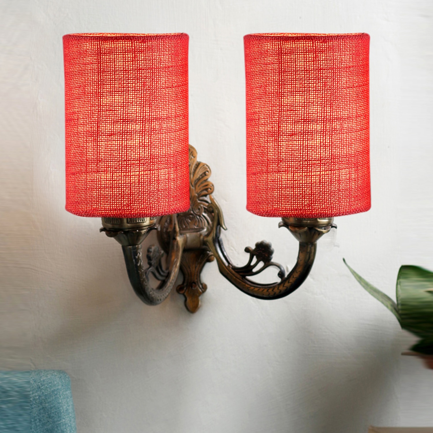 Devansh Metal Electric Wall Light in Antique Gold Colour with Pink Shade Count of 2 Lights - Devansh