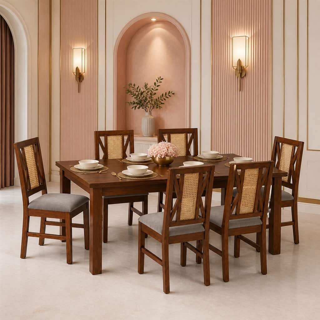 Globally Indian Remy Solid Sheesham Wood 6 Seater Dining Table Set 6 Chairs Grey