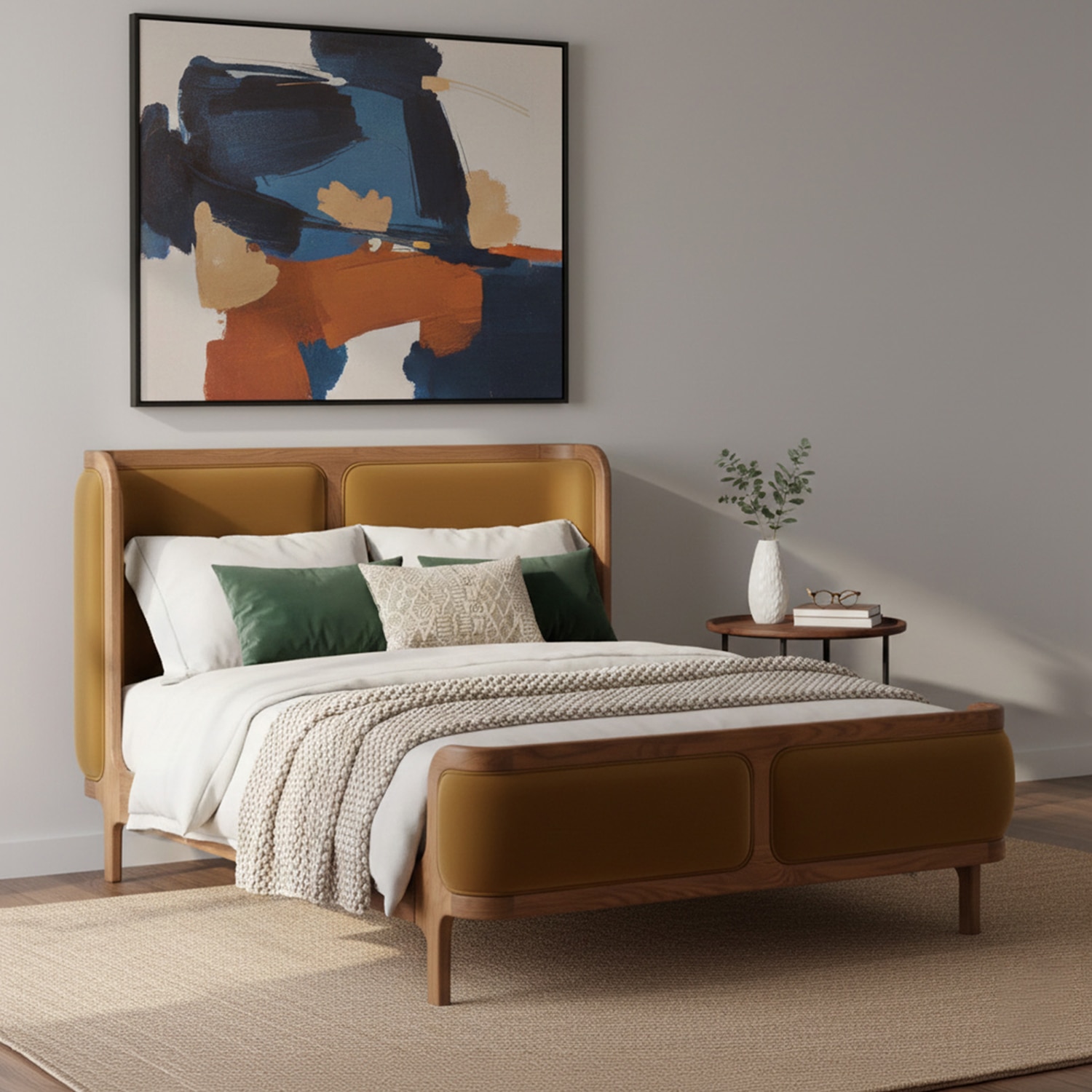 Valerio Duo-Panel Luxe King Size Bed in Mustard colour Velvet with Oak wood Frame