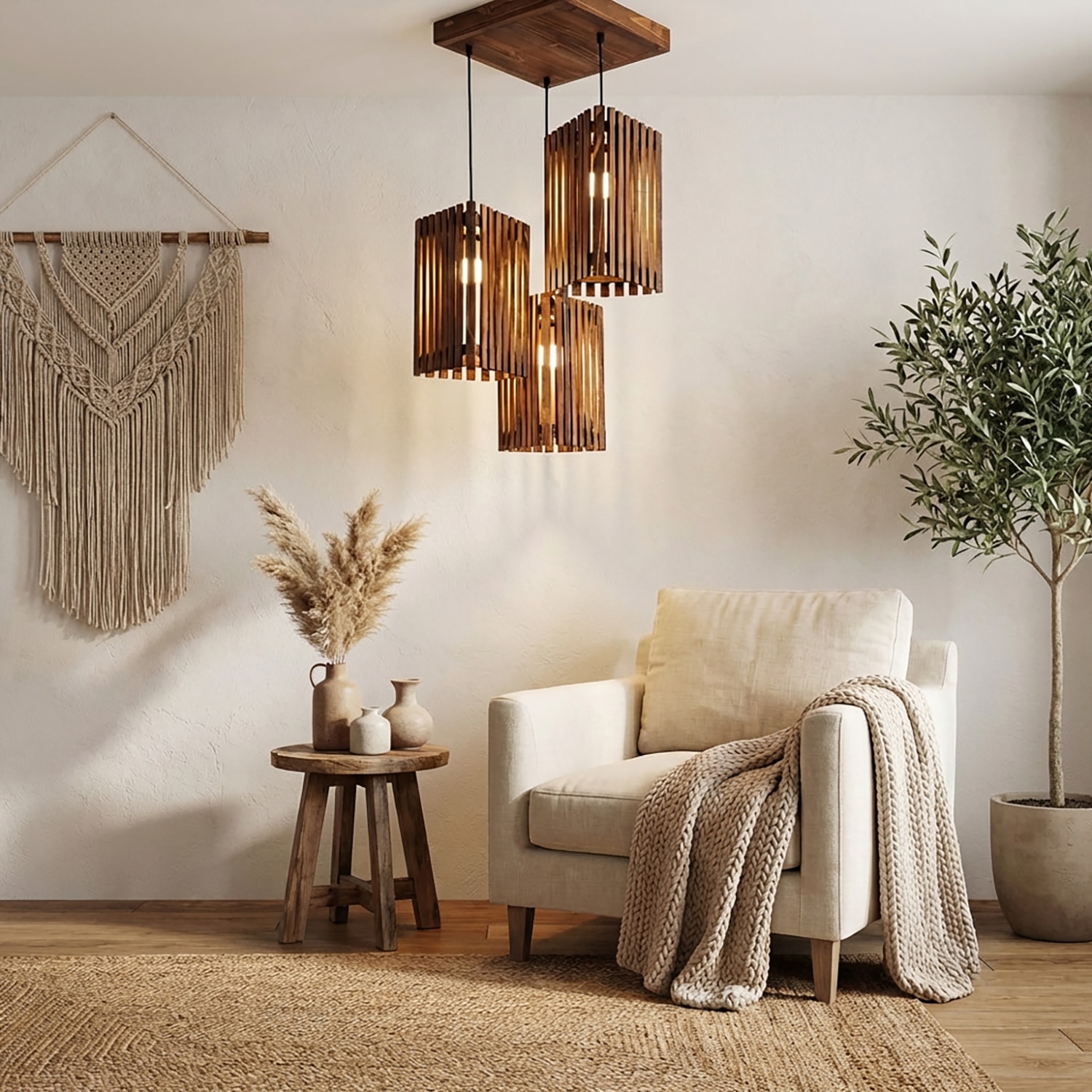 Trikona Brown Solid Wood Cluster Hanging Light