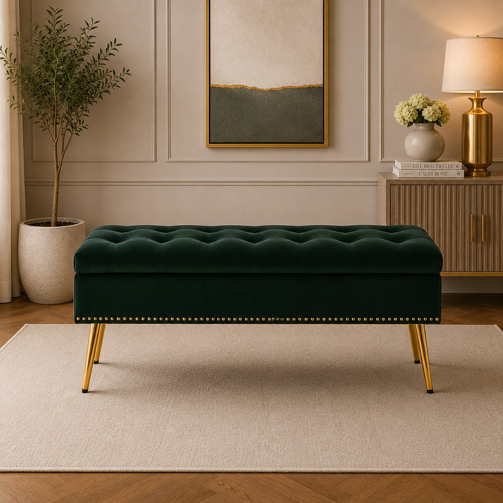 Doe Buck Velvet Tufted Storage Bench in Green Colour with Gold Legs - Doe Buck