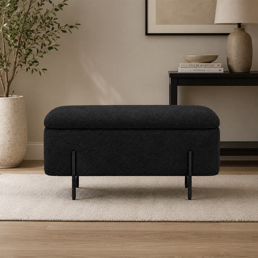 Doe Buck Luxury Boucle Storage Bench in Black Colour with Black Metal Legs - Doe Buck