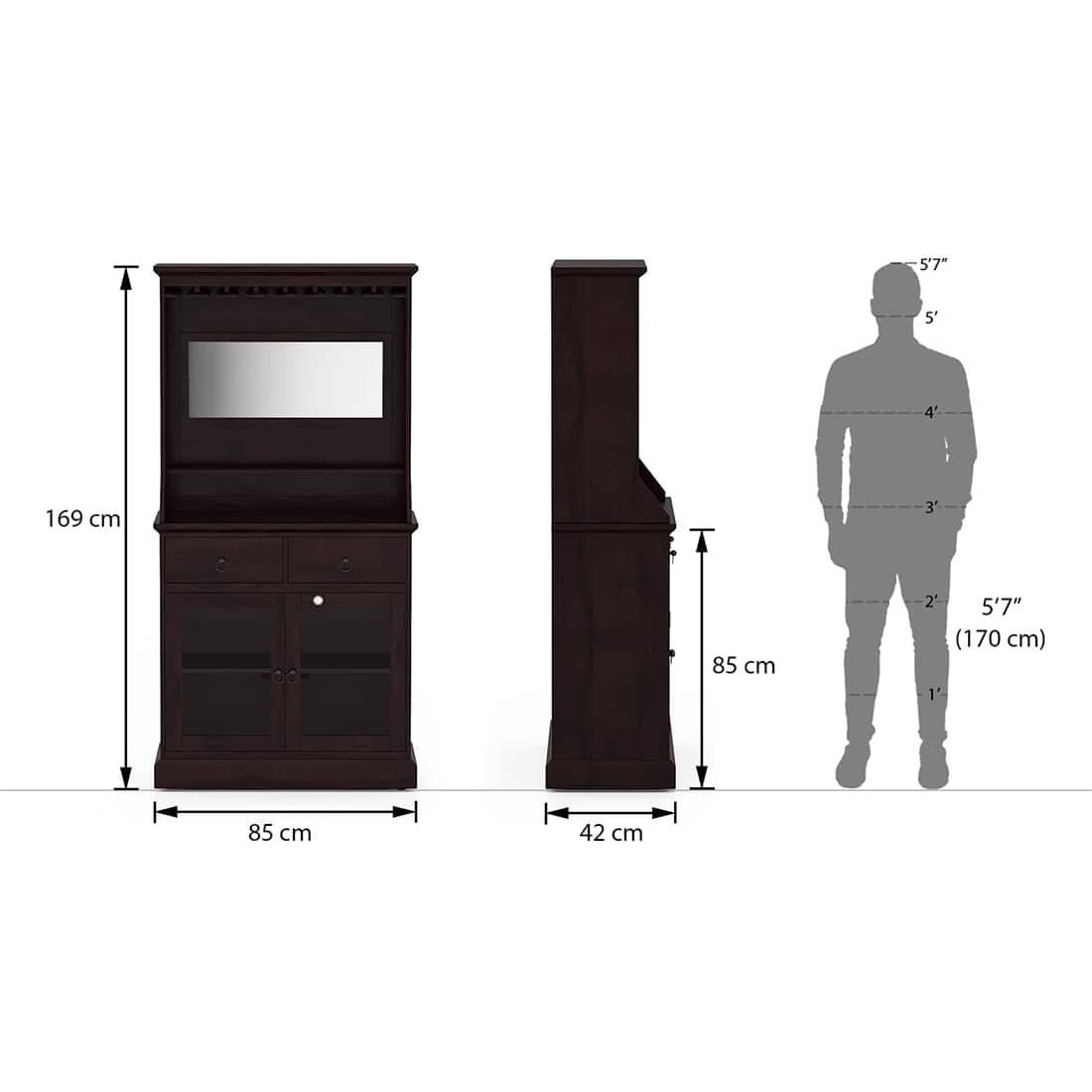Riveria Solid Wood Free Standing Bar Cabinet in Mahogany Finish