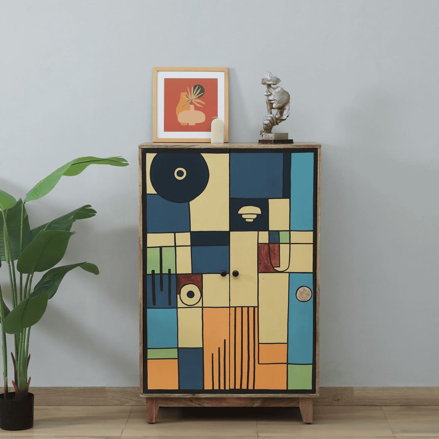 Olyn Mango Wood Handpainted Multicolour 2 Door Tall Cabinet In Natural Finish
